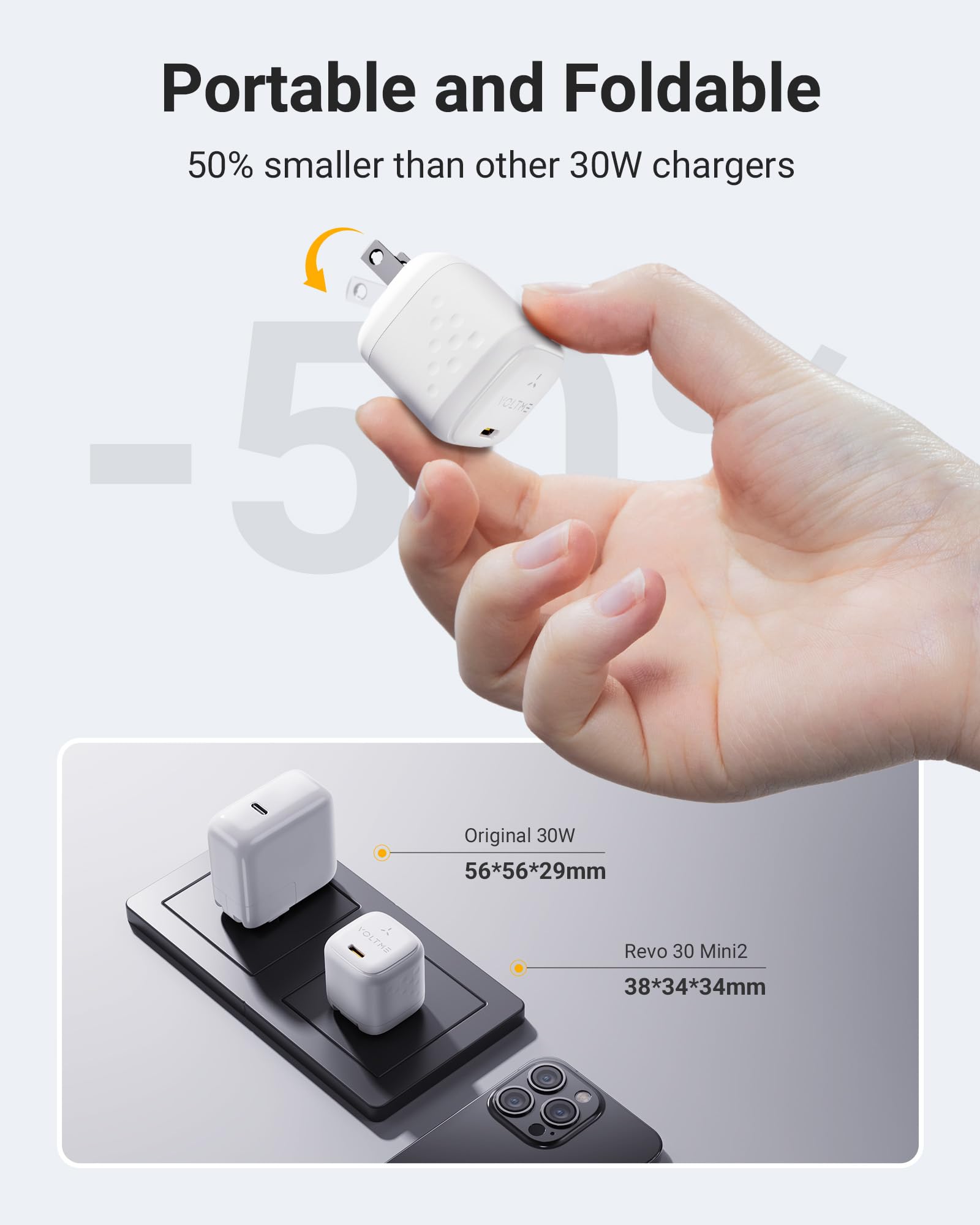 USB C GaN Charger 30W, VOLTME Type C Charging Block, Foldable Fast Wall Charger with 3ft Cable, Power Adapter for iPhone 15/15 Pro/14/14 Pro Max/13, Galaxy, iPad, and More