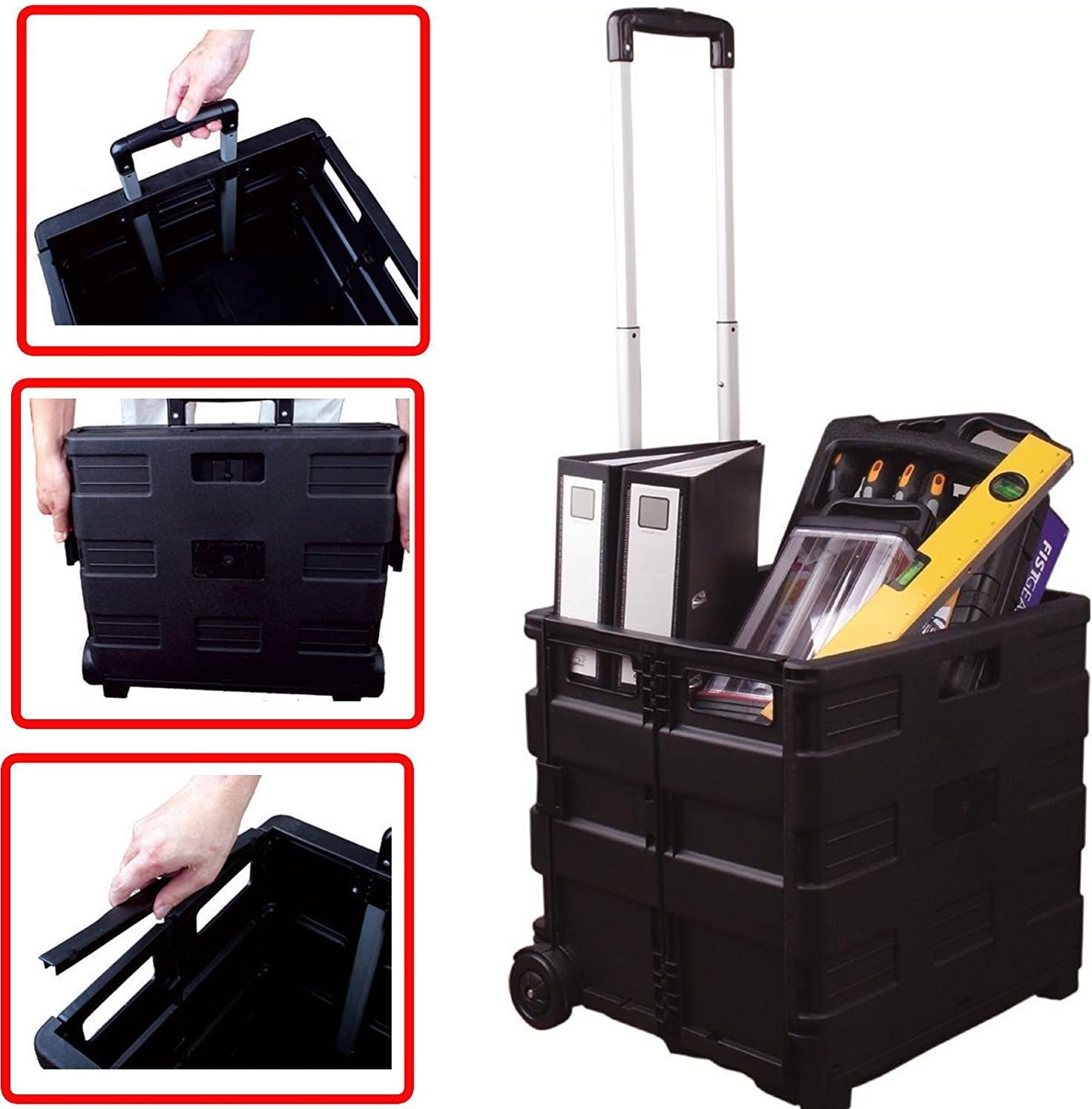 ZANBEEL NEW BLACK PLASTIC FOLDABLE MULTI USE WHEEL CART CRATE BOX FOLDING BOOT CART SHOPPING TROLLEY STORAGE WITH EXTENDING & CARRY TELESCOPIC HANDLE – BOOT TIDY 25KG