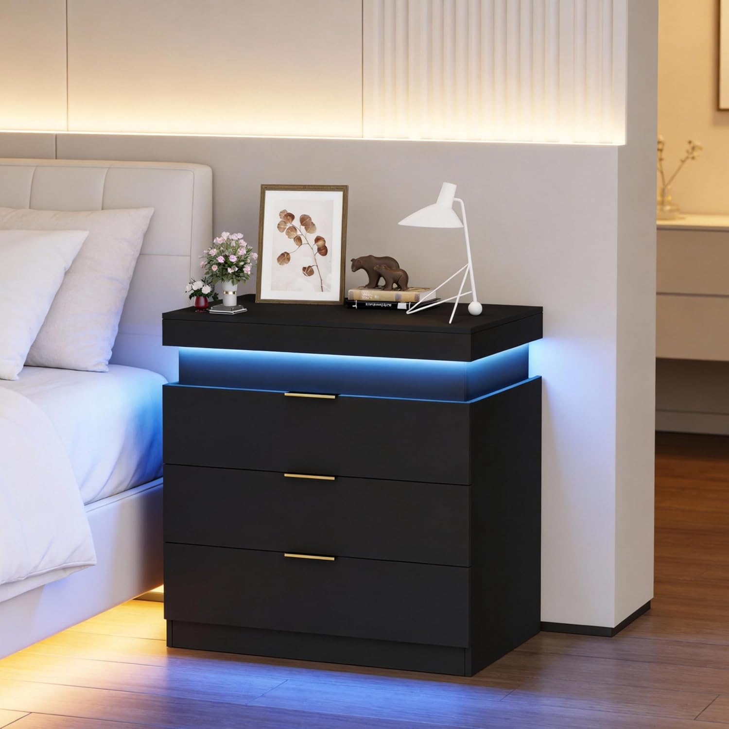 LED Nightstand with Charging Station & USB Ports,Bedside Table Night Stand with 3 Drawers and Sliding Top,Modern End Table Side Table with 4 Adjustable LED Modes for Bedroom (1 Black)