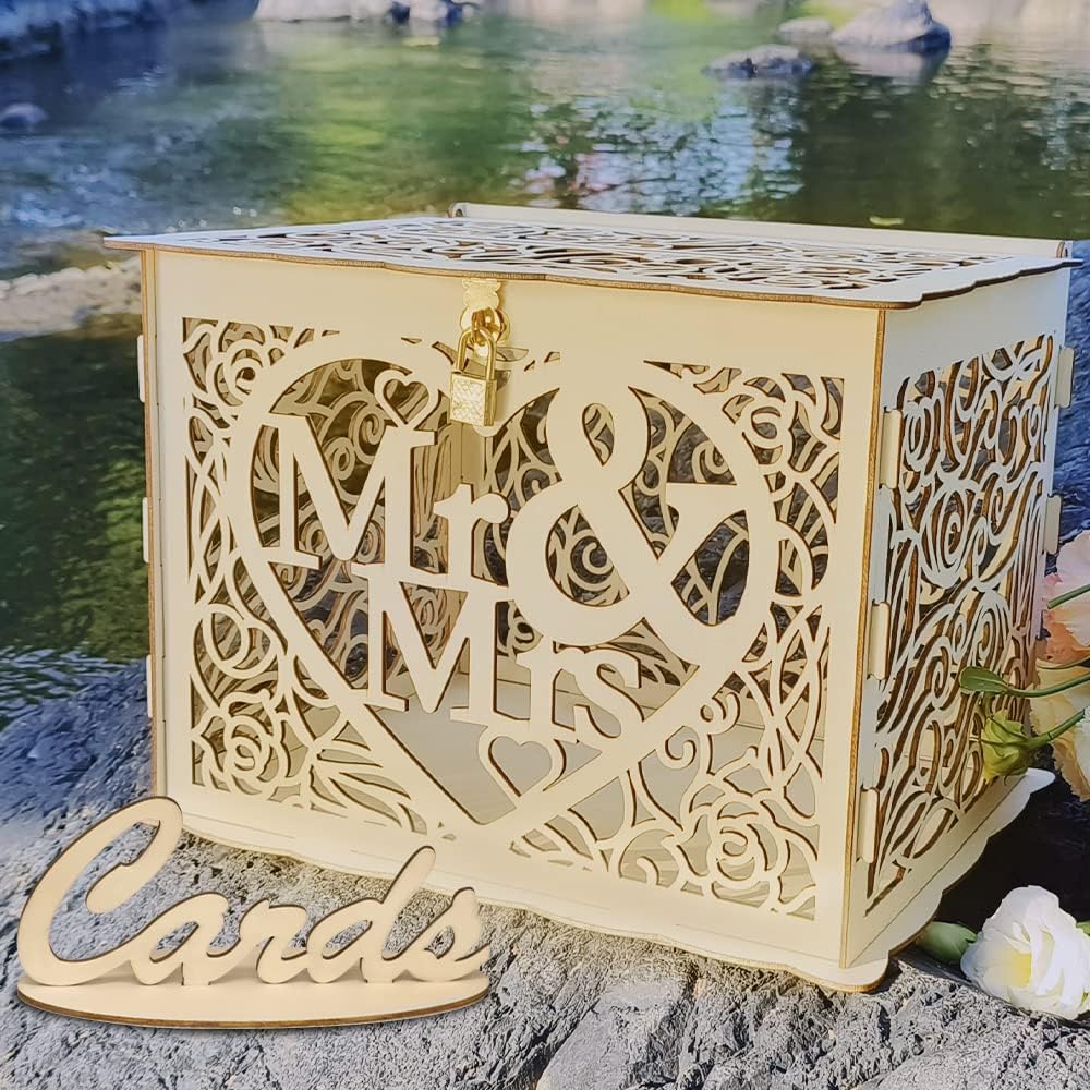 Jolik Wedding Card Box with Lock and Card Sign, Wooden Gift Card Box Money Box for Reception Wedding Anniversary Baby Shower Birthday Graduation Party Decorations(Mr & Mrs)