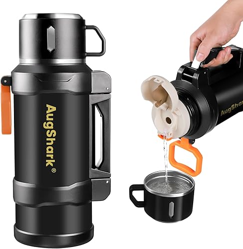 Aspiradora grande de café de 67 onzas para viajes, botella de agua aislada de acero inoxidable con taza y mango plegable, frascos de agua a prueba