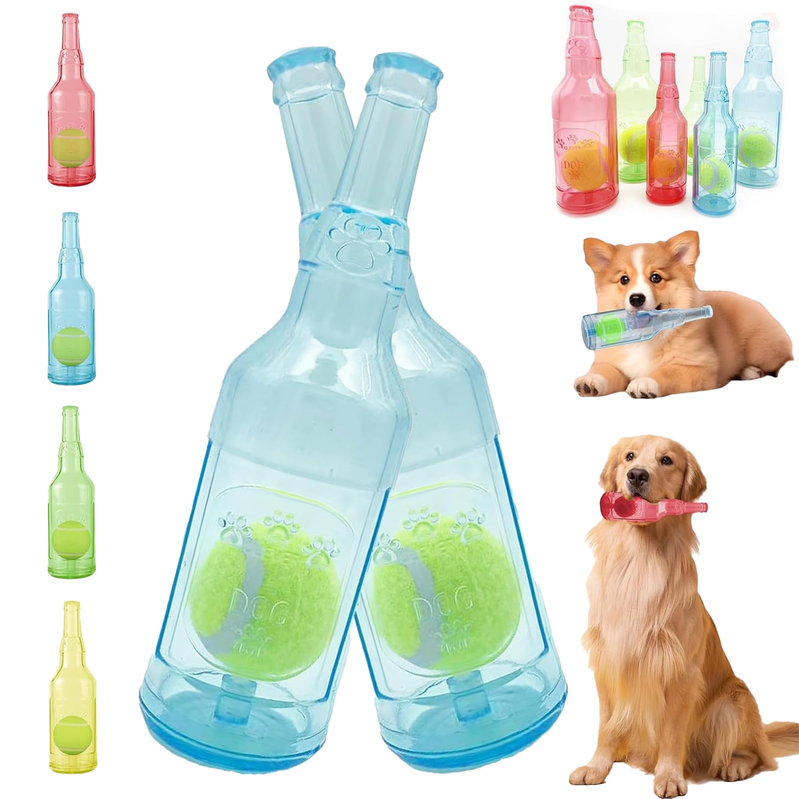 Crunch Play Bottle Toy, Crunchnplay Bottle Toy for Dogs, 9.7"/7.7" Rubber water bottle dog toy, Interesting Squeaky Dog Toys, Outdoor Interactive Dog Chew Toy with Tennis Ball (2*Blue,Small)