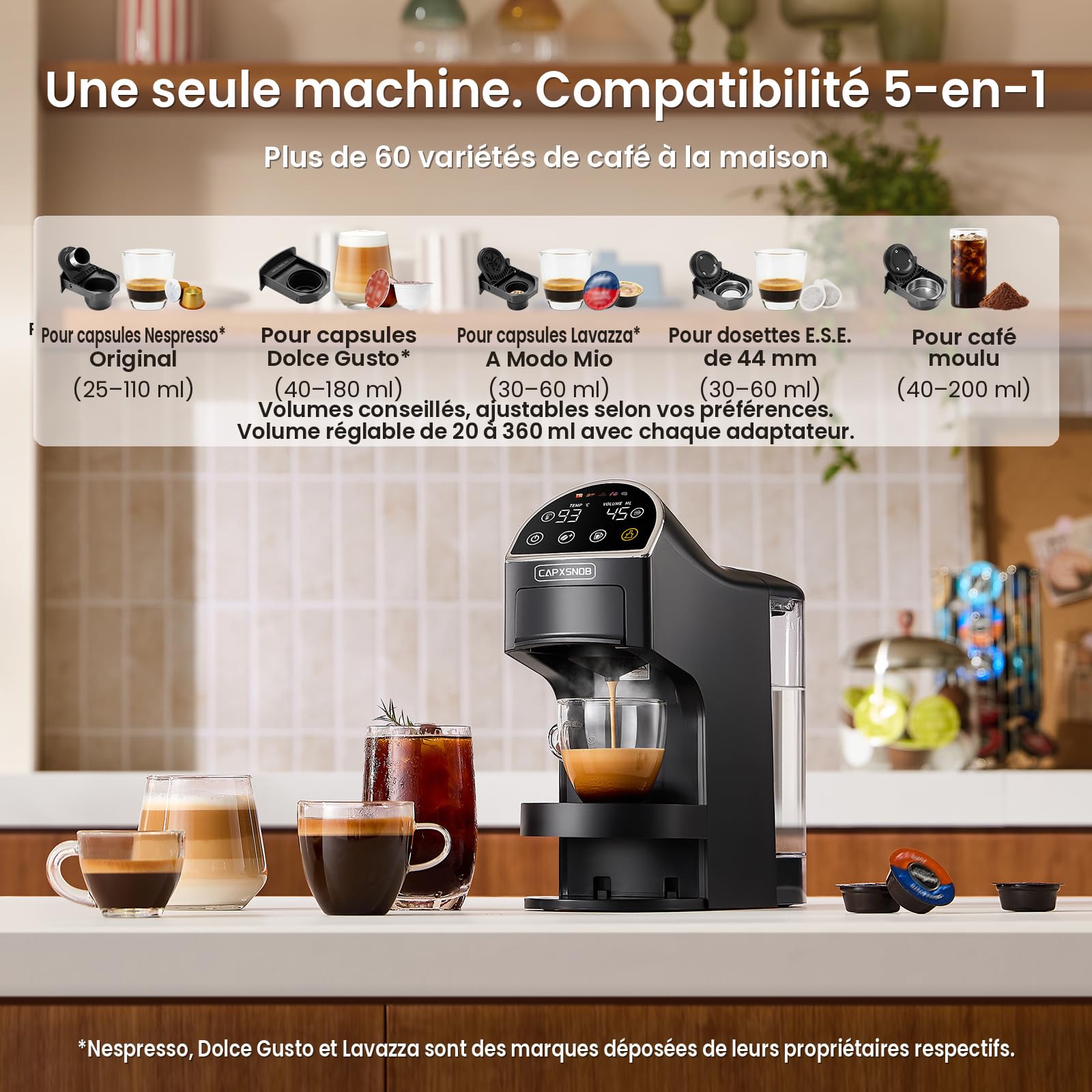 Magician2 Machine à capsules 5 en 1 pour Nespresso, Dolce Gusto, Lavazza A Modo Mio, ESE 44 mm dosettes et poudre de café, 20 bar, 1400 W, 1,2 l, écran tactile et débitmètre, sans BPA, machine à café