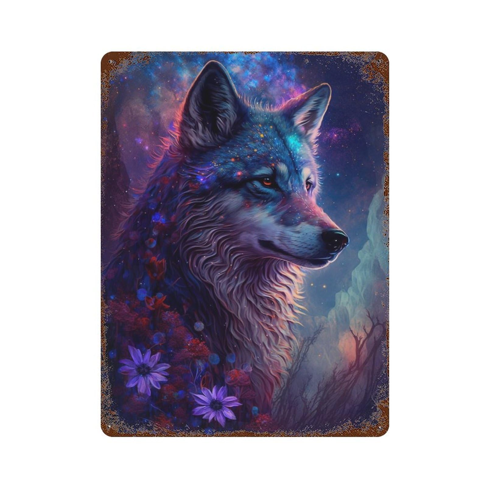 Decorative Tin Sign with Cosmic Wolf Fantasy Art Design 15.7"x11.8", for Farmhouse, Kitchen And Entryway Decor, Old School Wall Decor