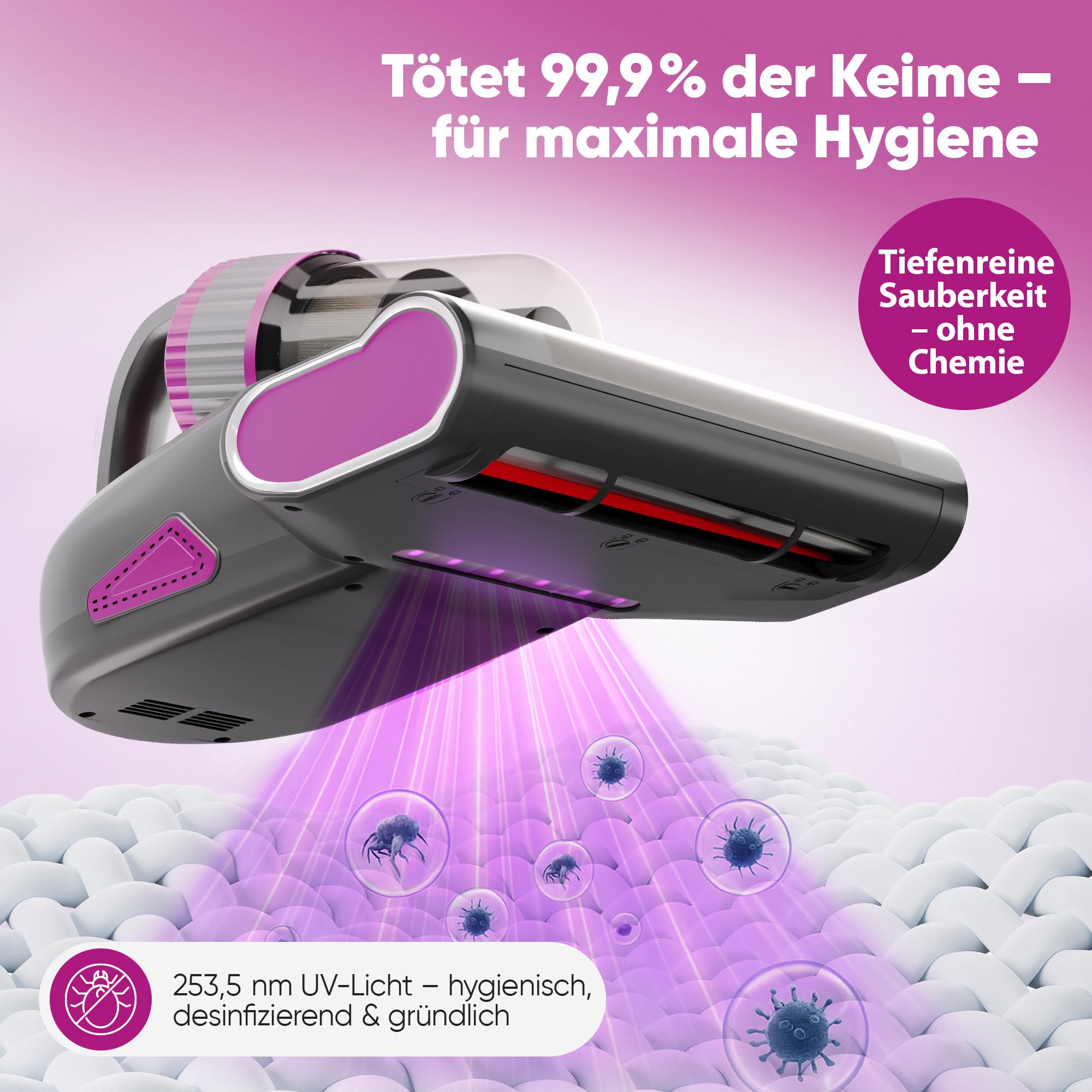 Milbensauger für Matratzen 3-in-1, UV-Licht, 10.000 Pa Saugkraft, XL-Akku 3500 mAh extra lange Laufzeit, Warmluft, Kabellos, HEPA Filter, 99,9 % Milbenentfernung für Bett, Sofa & Allergiker, GrauXL