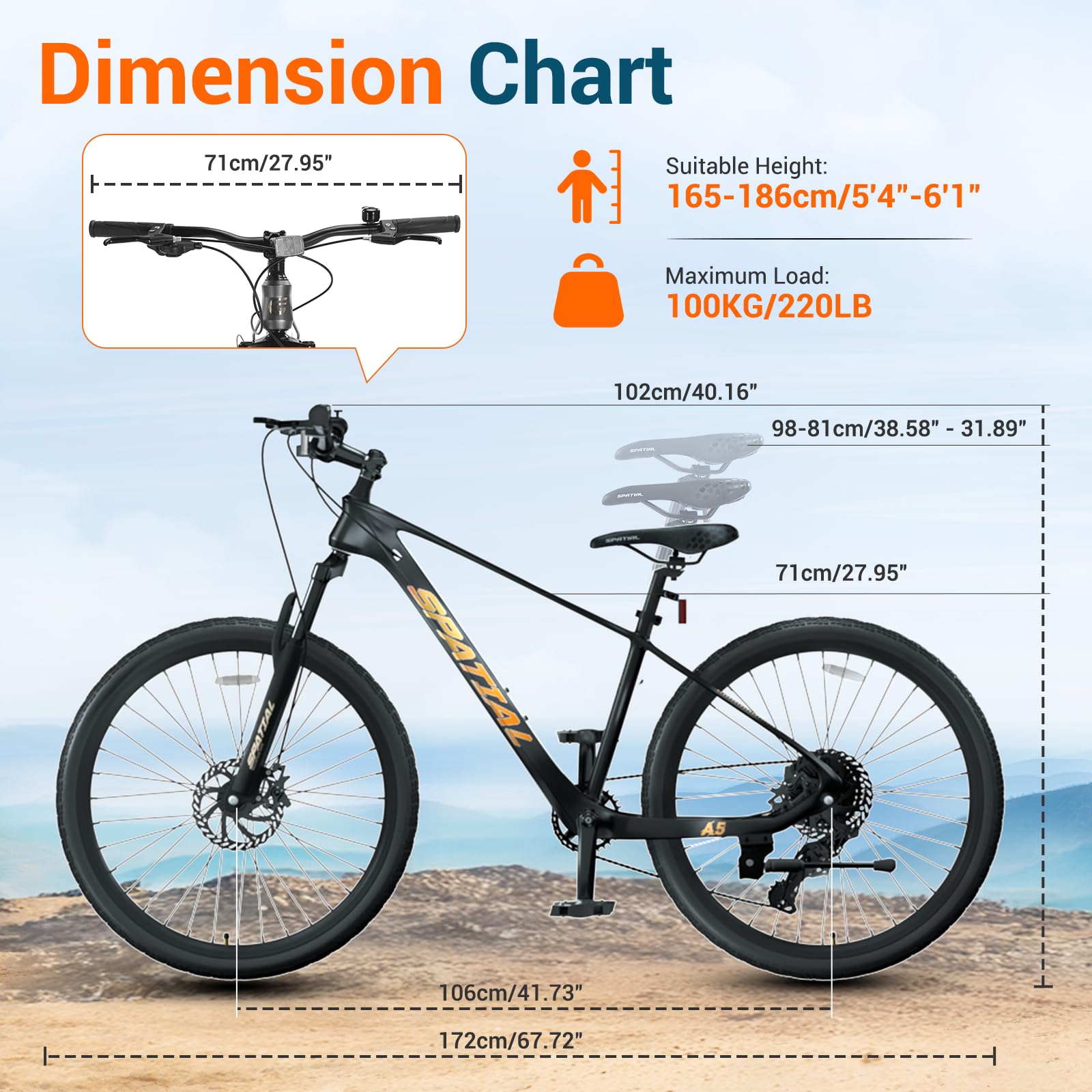 SPATIAL MTB Bicicleta de Montaña para Adultos y Jóvenes - 29/27,5/26/24 Pulgadas, 8/21 Velocidades, Frenos de Disco Mecánicos Dobles, Cuadro de Aluminio, Suspensión Delantera, Asiento Ajustable
