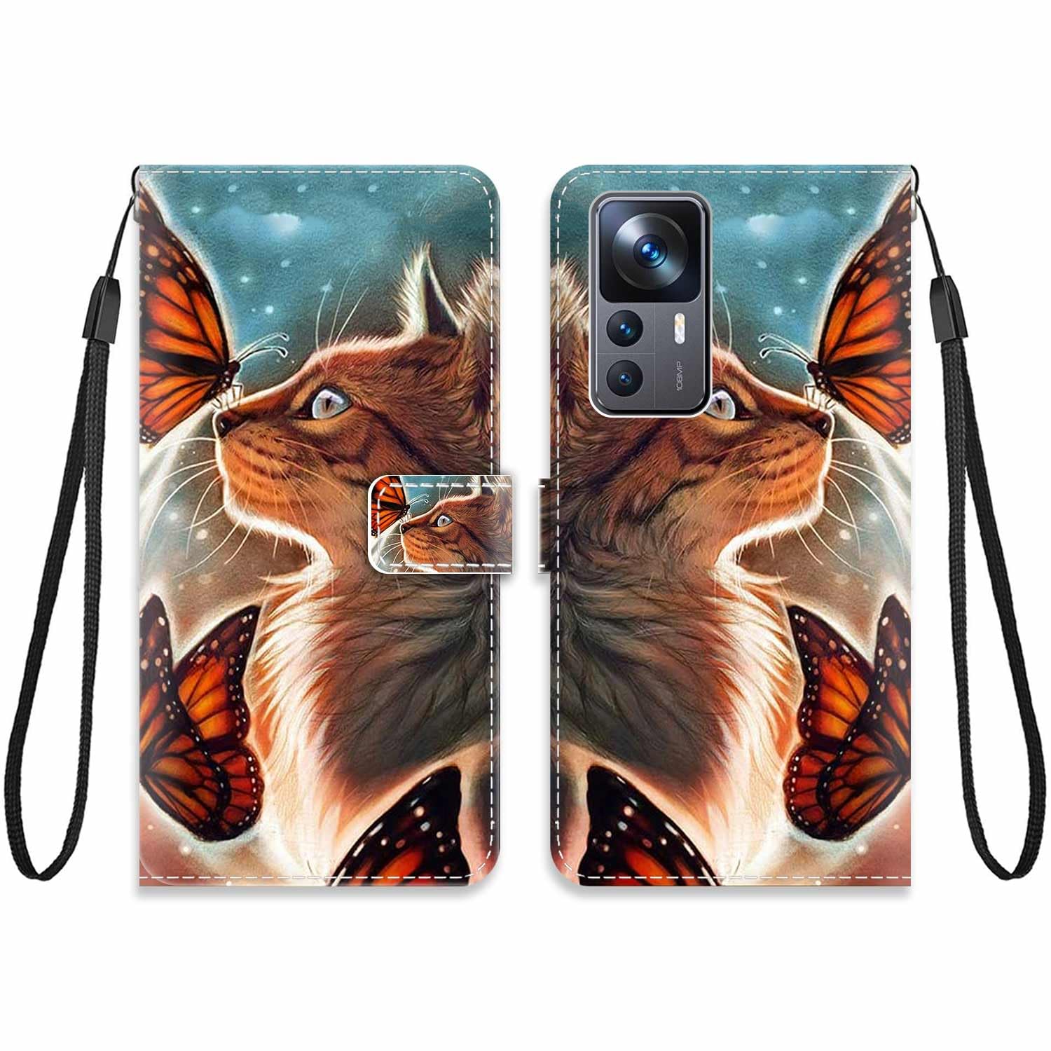 Cover Con Supporto E Cinturino SEAHAI Cover Per Xiaomi Redmi 10 5G / Note 11E Portafoglio, Custodia Con Bella Foglie E Gatto In Rilievo Design In Pelle Custodia, Antiurto Case Custodia, Blu