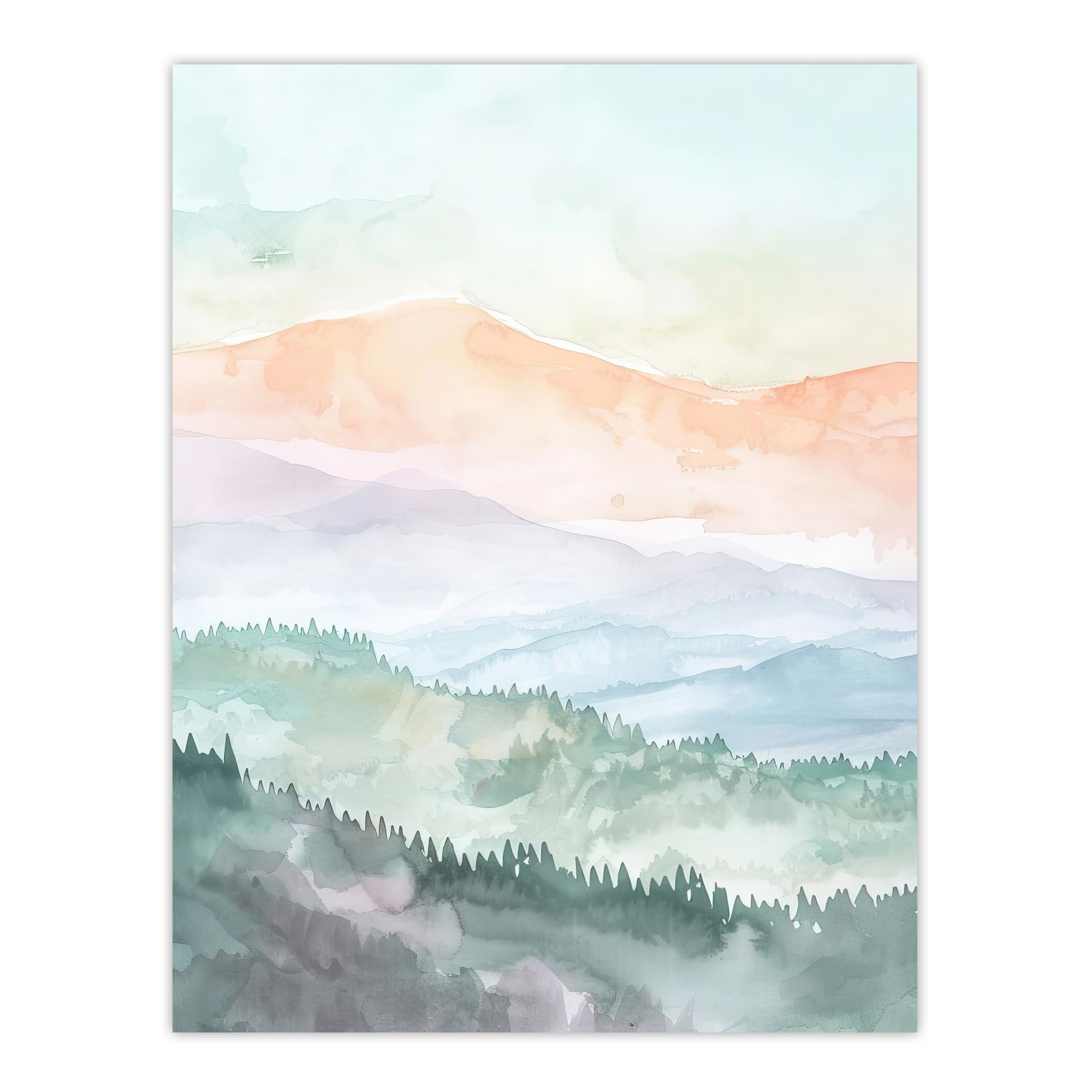 Mountain Mist Forest Landscape Watercolour Wall Art Print - W24 inch x H32 inch - Artery8