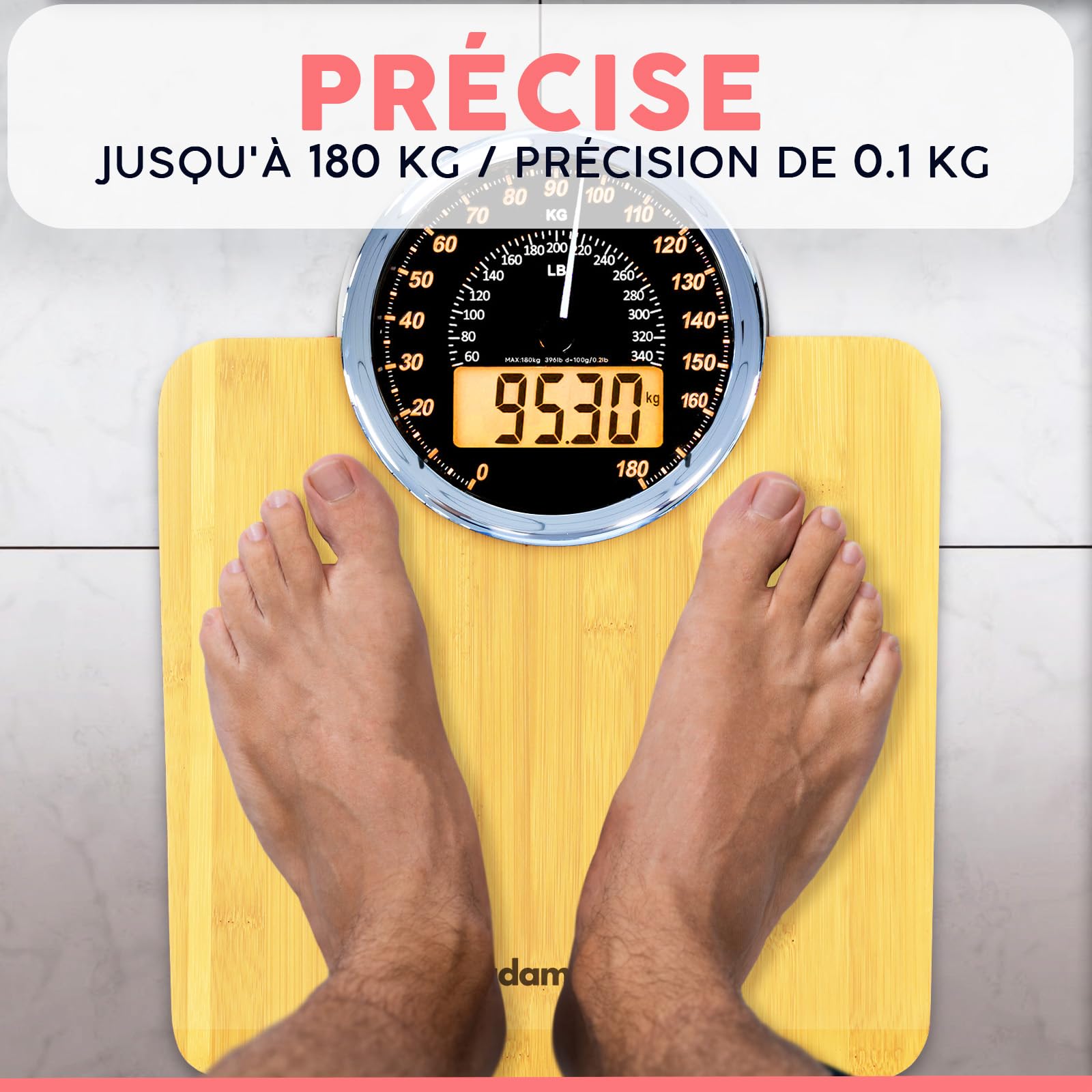 Hybrid Pèse-Personne - Analogique & Digital, Précis jusqu'à 180 kg | Lisez votre poids sur cadran analogique et LCD en même temps. Large plateau, 3 piles AAA incluses, prêt à l'emploi.