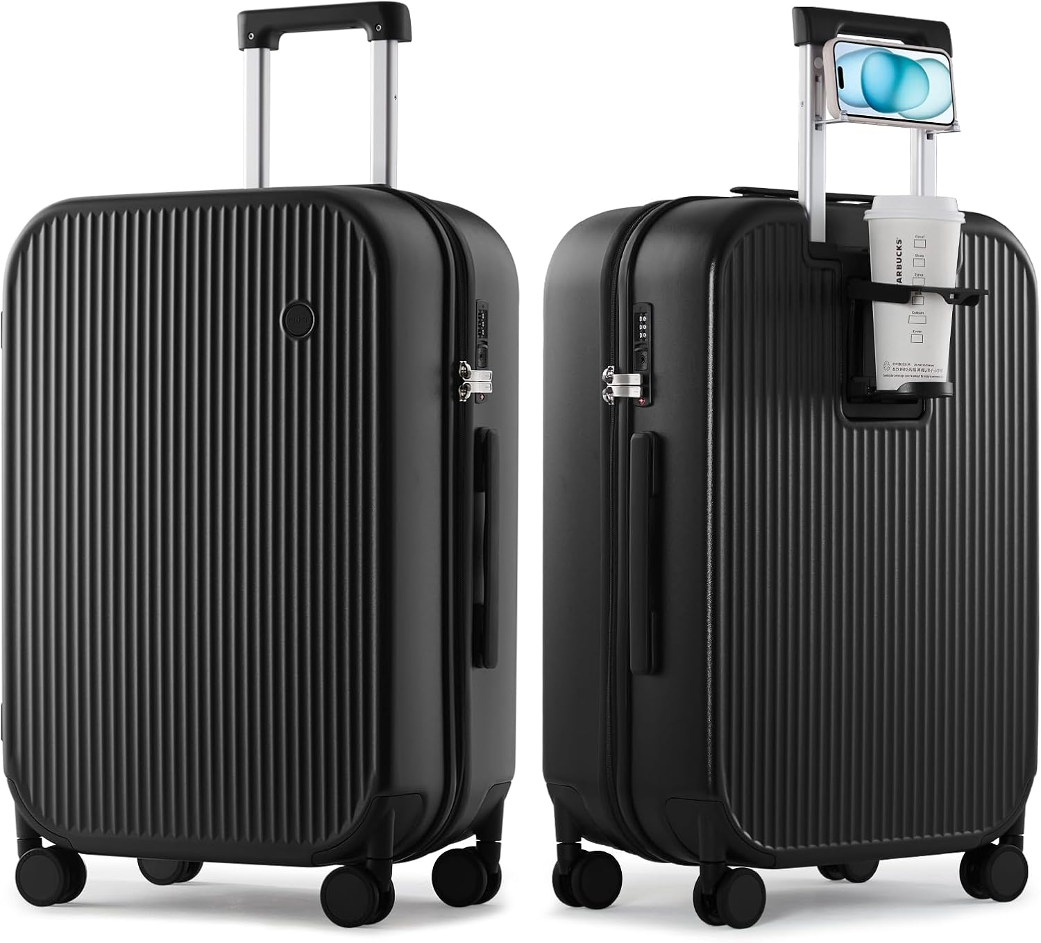 mixi Checked Luggage with Cup Phone Holder Hard Shell Rolling Travel Suitcases with  Spinner Wheels,24 Inch Black Black 24-inch 1 pcs 