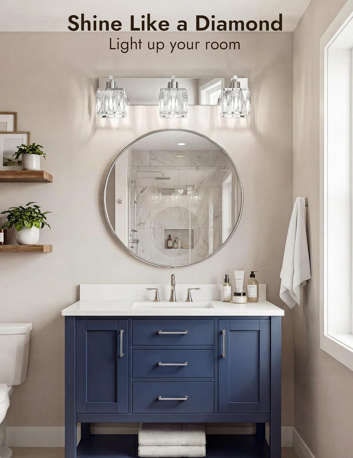 VOLISUN Chrome Bathroom Light Fixtures, Modern Stainless Steel Bathroom Lighting Fixtures Over Mirror, 3 Light Bathrooms Vanity Light, Crystal Vanity Light for Bathrooms-UL Certificated(Exclude Bulb)