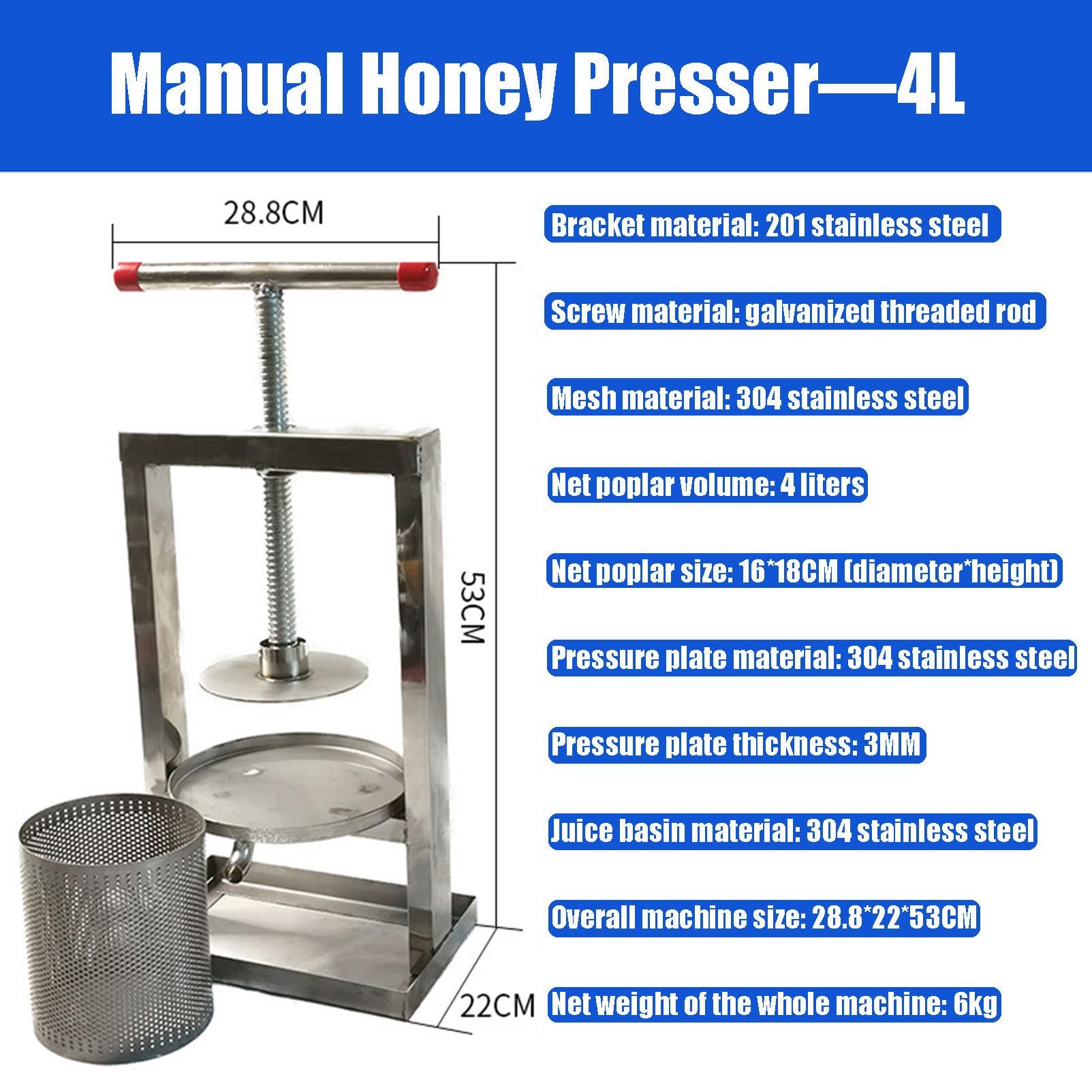 Ta prasa do miodu siatkowego, ekstraktor do miodu pszczelarskiego, ręczna prasa do miodu domowego ze stali nierdzewnej, 4L