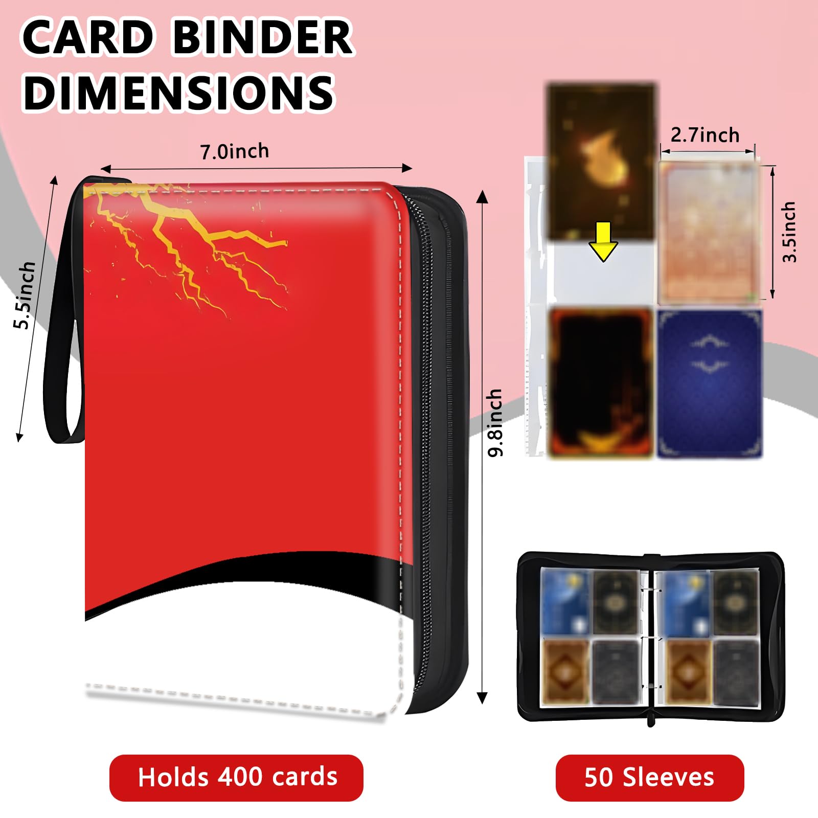 Kartenbinder 4 Taschen Reißverschluss Sammelkartenbinder für 400 Karten, PU Collection Binder mit abnehmbaren Hüllen für 50 Seiten, Tragbares Sammelalbum, Kartenbuch für Spielkarte, Sportkarten