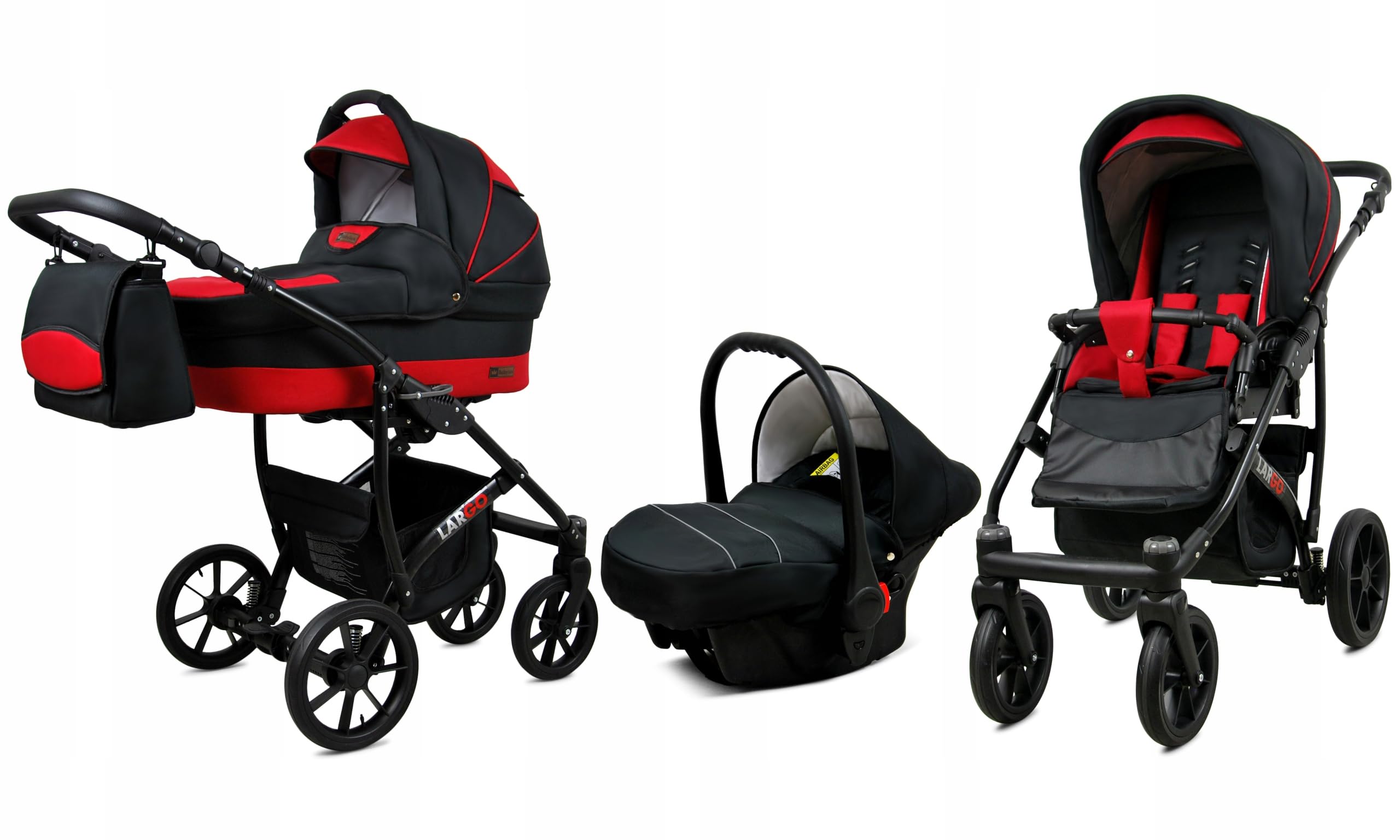 BabyLux® Bambini Passeggino Completo Set 3 in 1 - Largo - incl. Navicella, Canna, Seggiolino Auto - Carrozzina Neonati Sistema Combinato - con Borsa fasciatoio, Copertura antipioggia ecc.