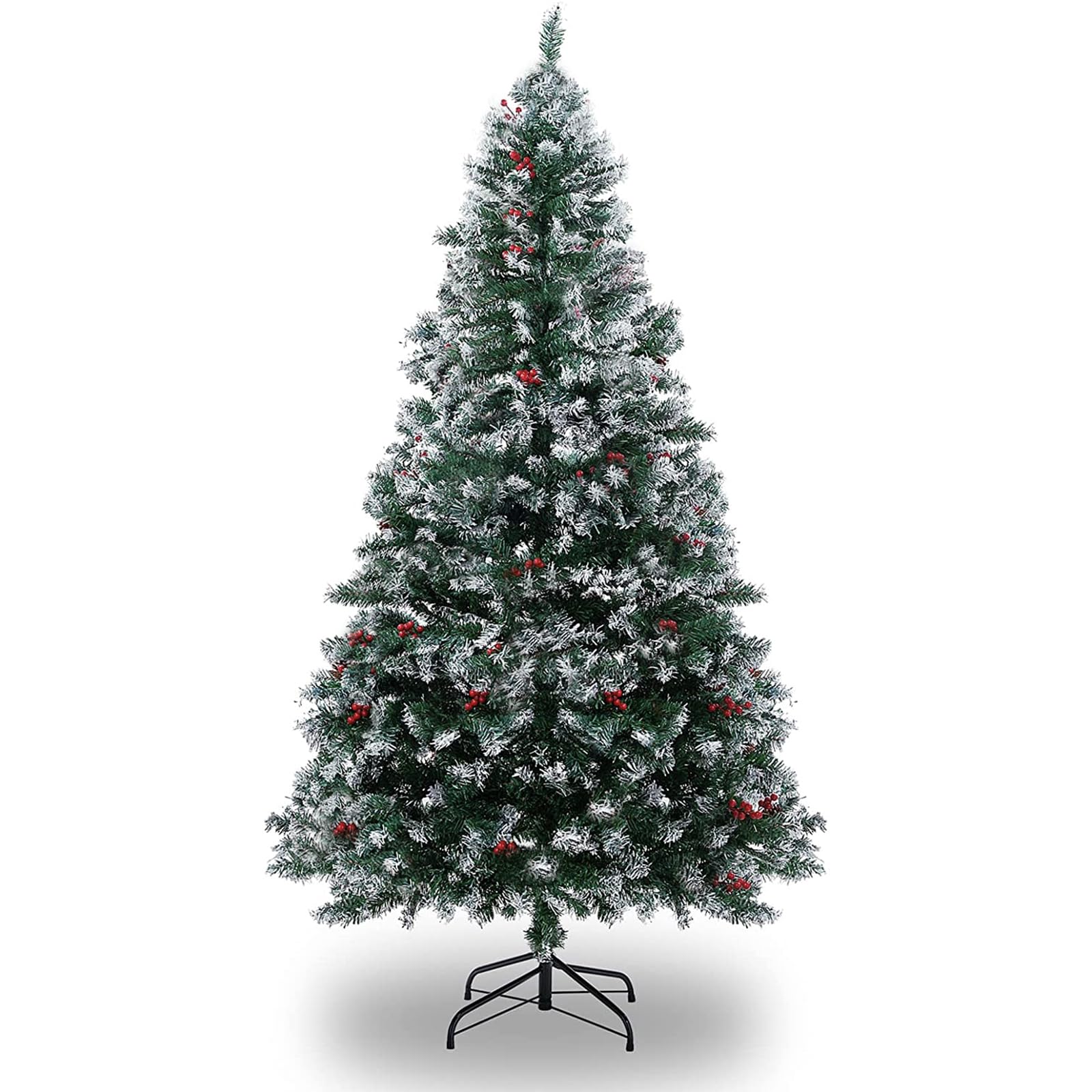 Artificial Christmas Tree, 6ft/180cm Snow Spray Christmas Trees with 1000 Snow Flocked Branch Tips, Red Berries, Metal Stand, Easy Assembly Xmax Tree for Home, Office, Party Decoration