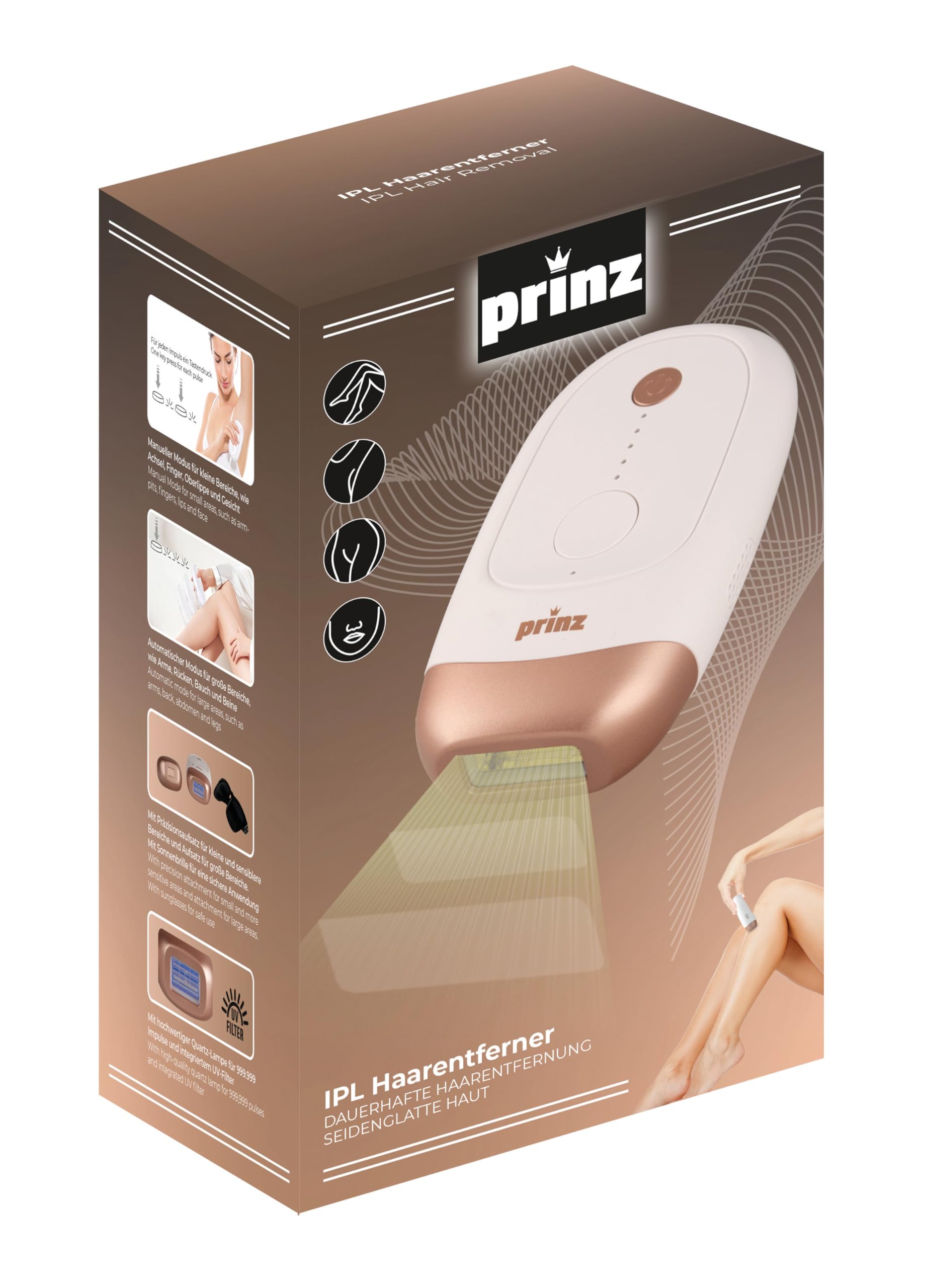 Prinz IPL PZ-IPL1 - 999.999 Impulsos 5 Niveles de Energía, 2 Zonas de Luz (Grande/Pequeño), Filtro UV, Sensor de contacto con la piel, Pantalla LED, Apagado Automático, Incluye Fuente de Alimentación