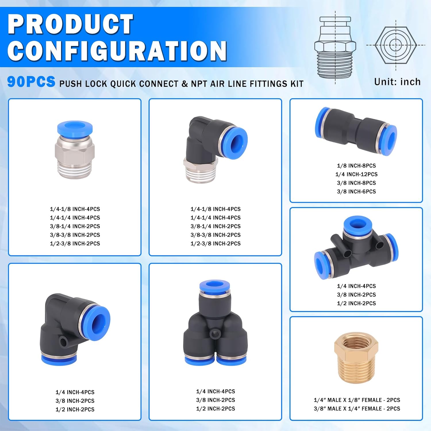 90 Pcs Quick Connect Air Line Fittings Kit Pneumatic Push Lock Air Fittings 1/8",1/4",3/8",1/2" Push to Connect & NPT Thread Air Hose Fittings Quick Release Airline Fitting Kit