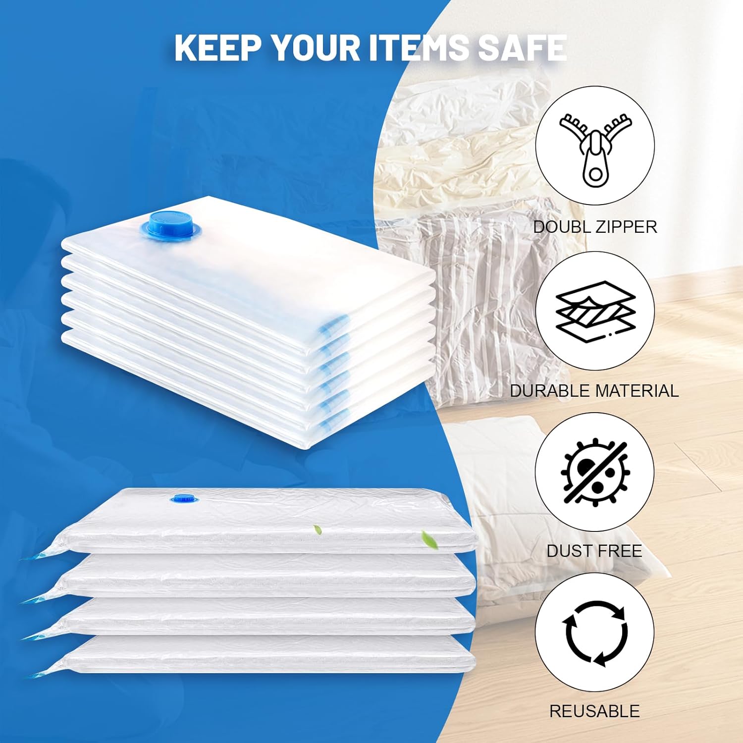 Vacuum Storage Bags for Clothing,With Electric Air Pump Space Saving Compression Bags,Waterproof, 80% Storage Reduction,6 Pack Vacuum Seal Bags(6 Pack Jumbo) for Clothes