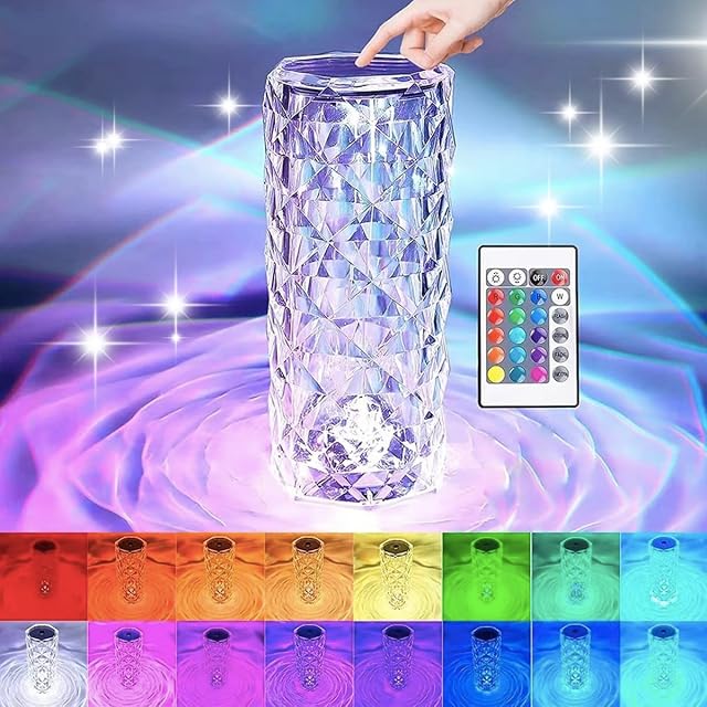 Crystal Lamp, Rose Touch Control Crystal Lamp, RGB Acrylic Table Lamp, 16 Colour Changing Lamp, USB Rechargeable Bedside Lamps, Romantic Lighting Decor for Bedroom, Night Light with Remote Control
