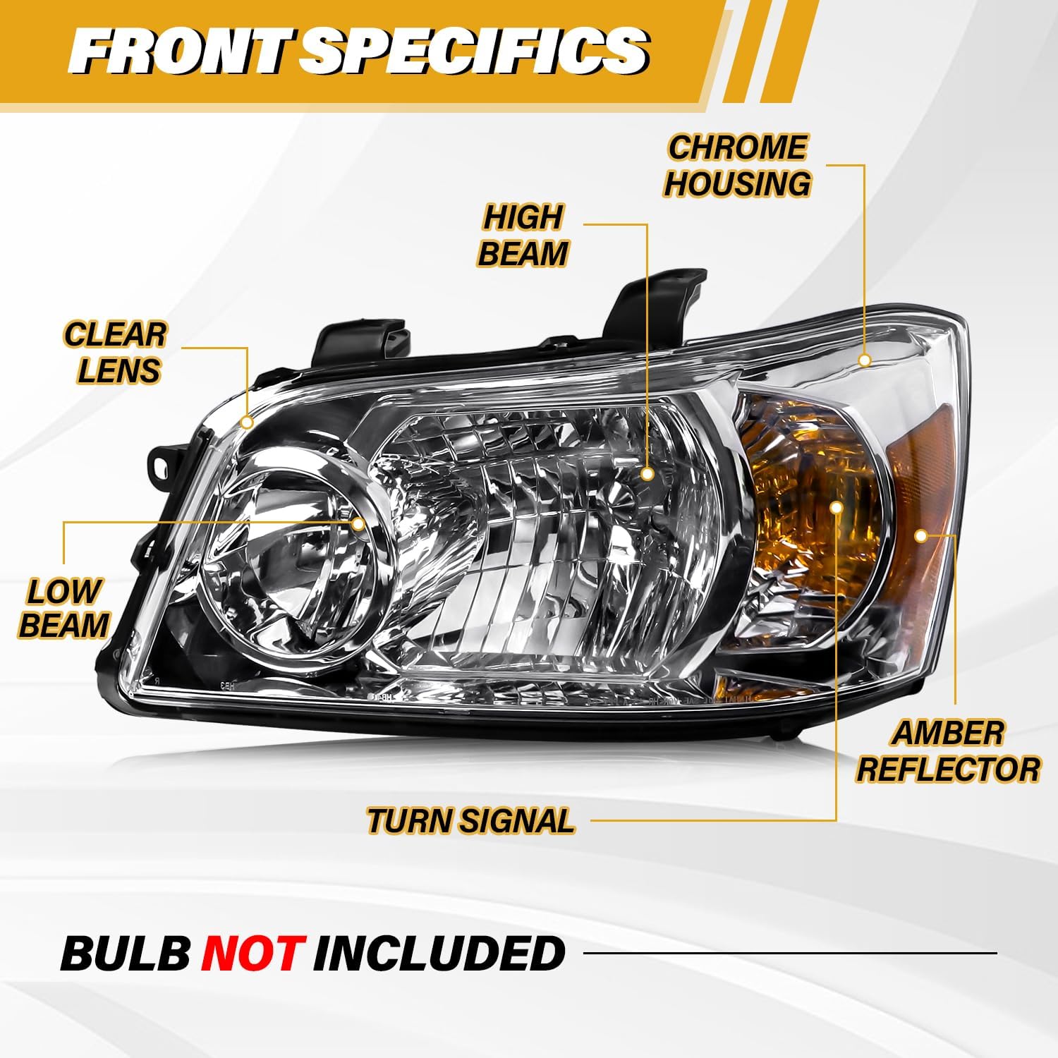 Headlight Assembly Compatible with Toyota Highlander 2004 2005 2006 2007 Halogen Type, OE-Style Headlamp Replacement Without Bulbs for 81130-48280 81170-48280, Chrome Housing Amber Reflector