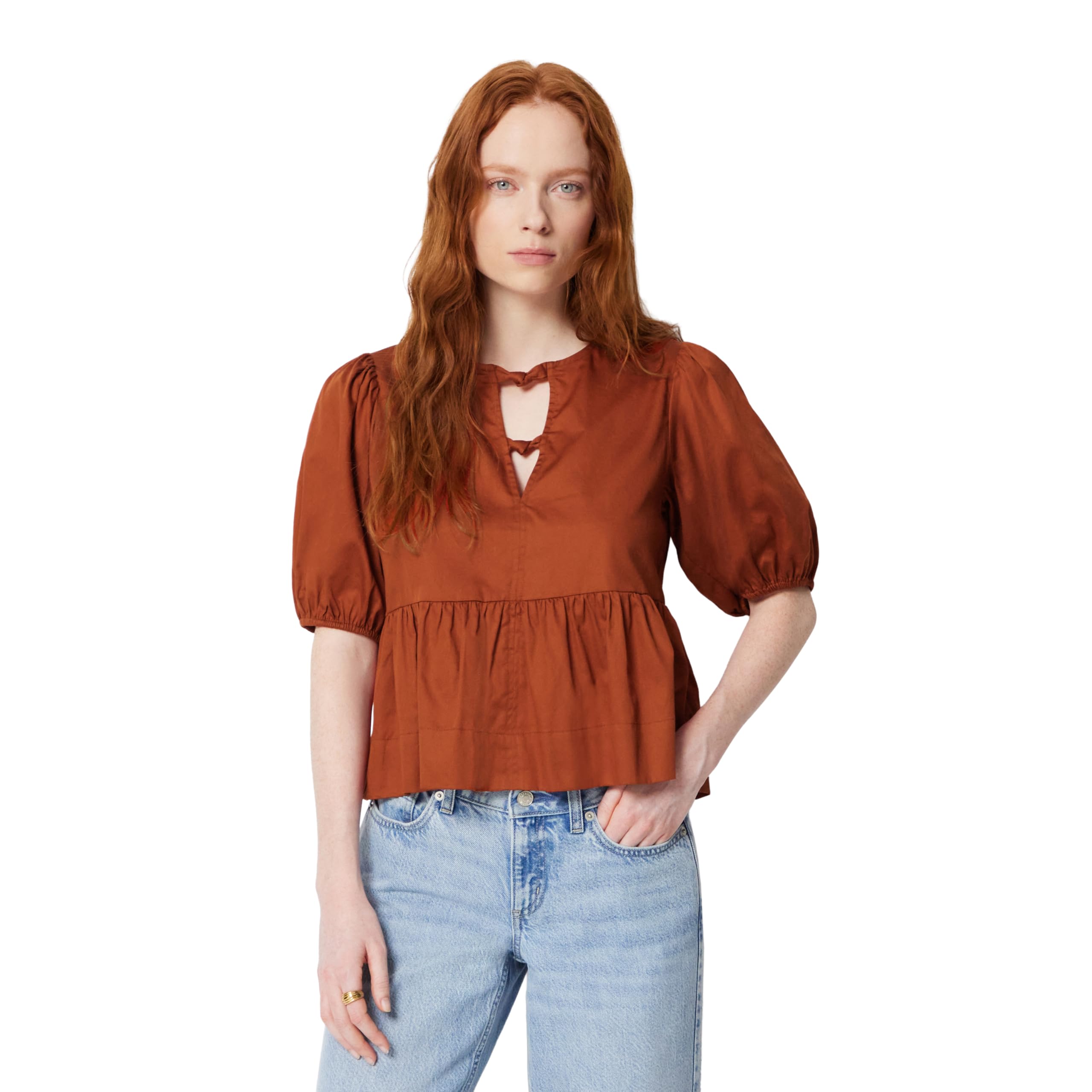 Amazon Essentials Women's Cotton Sateen Relaxed-Fit Peplum Blouse, Brick Red, X-Small