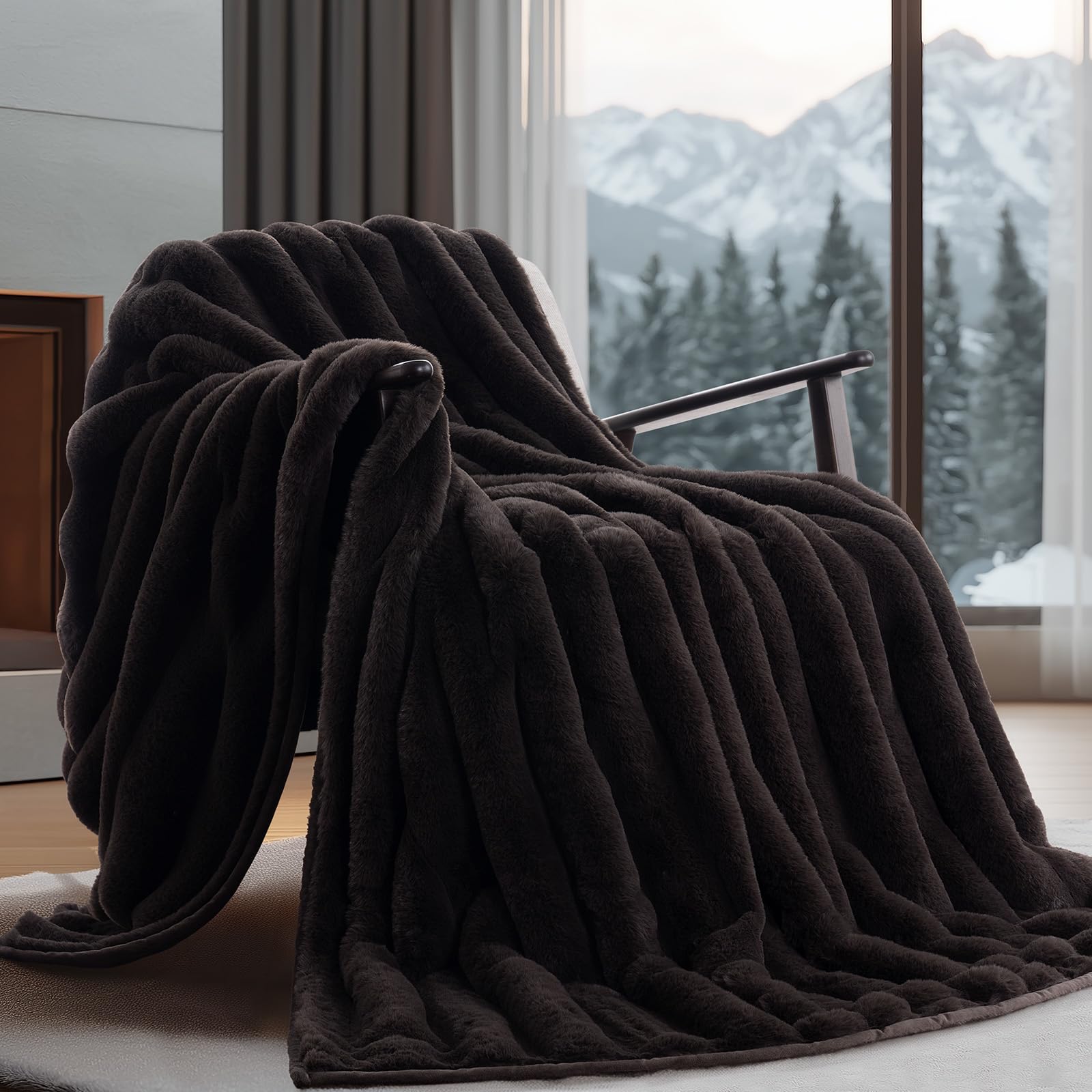 EverGrace Soft Luxury Faux Rabbit Fur Throw Blanket for Couch, Cozy Fluffy Channel Throw Blanket for Bed, Fuzzy Warm Thick Mink Blanket with