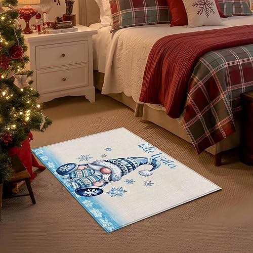 Miniatura 8 de Hello Winter - Tapete para puerta delantera, 18 x 30 pulgadas, tapete absorbente de gnomos de Navidad, copo de nieve azul, tapete lavable para baño,