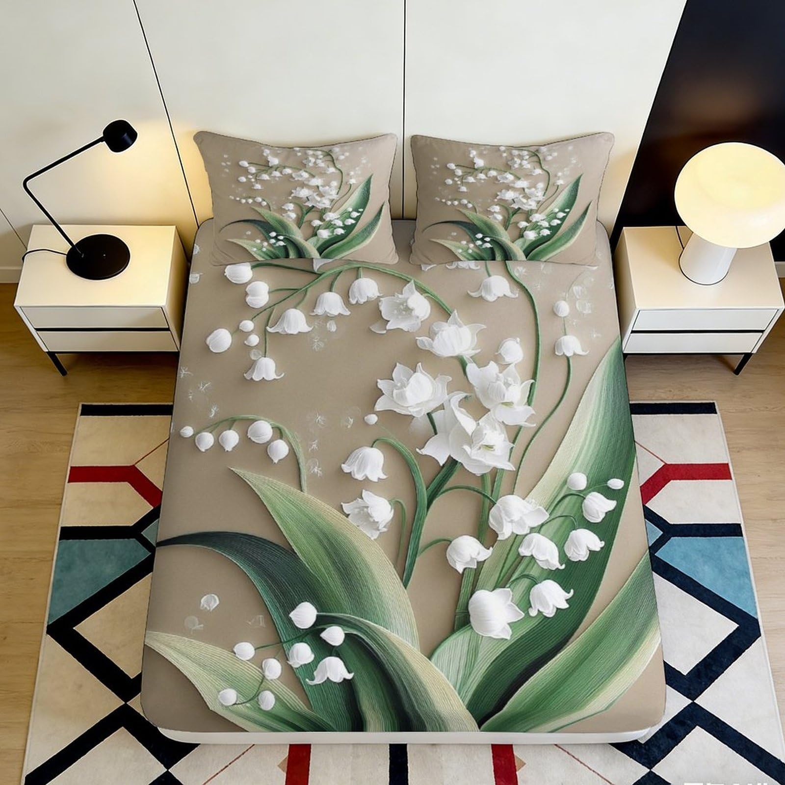 3D Printed Lily of the Valley Fitted Sheet Microfiber Soft Beige Floral Bed Cover for Bedroom Guest Room Decor 90x200x25cm