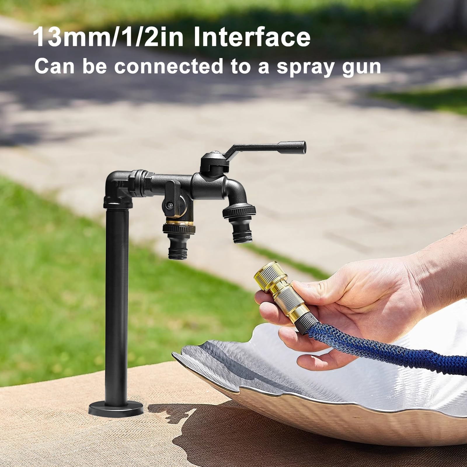 Columna de agua de jardín de cobre para exteriores con doble salida resistente a las heladas, grifo para clima frío, fuente de jardín negra (32 cm) y elegante