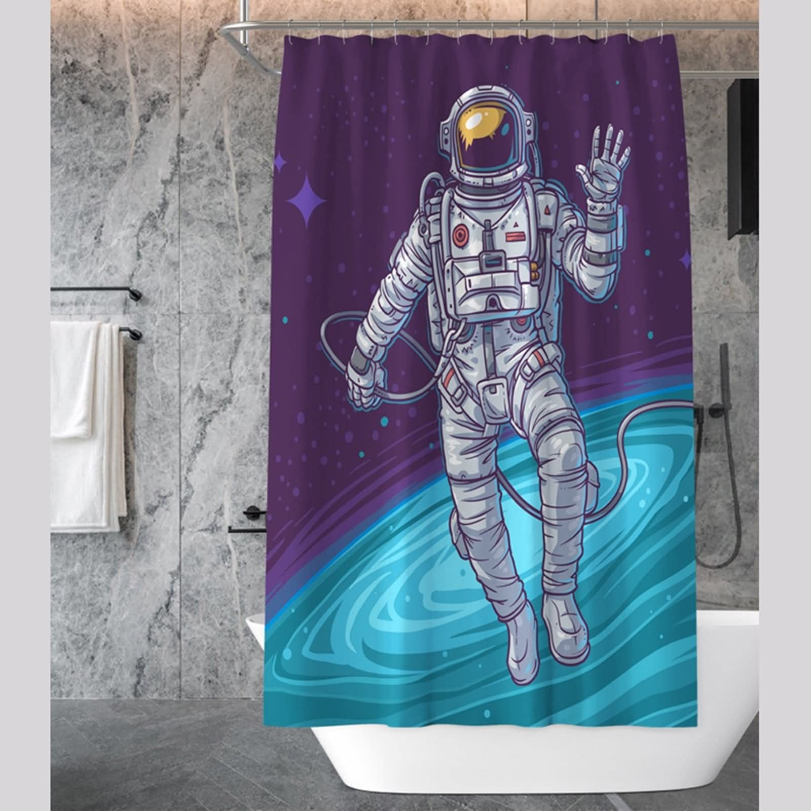 Zestaw zasłon prysznicowych, stylowa zasłona prysznicowa kreskówka kosmos niebieski szary poliester 195 x 234 cm dekoracja wanny