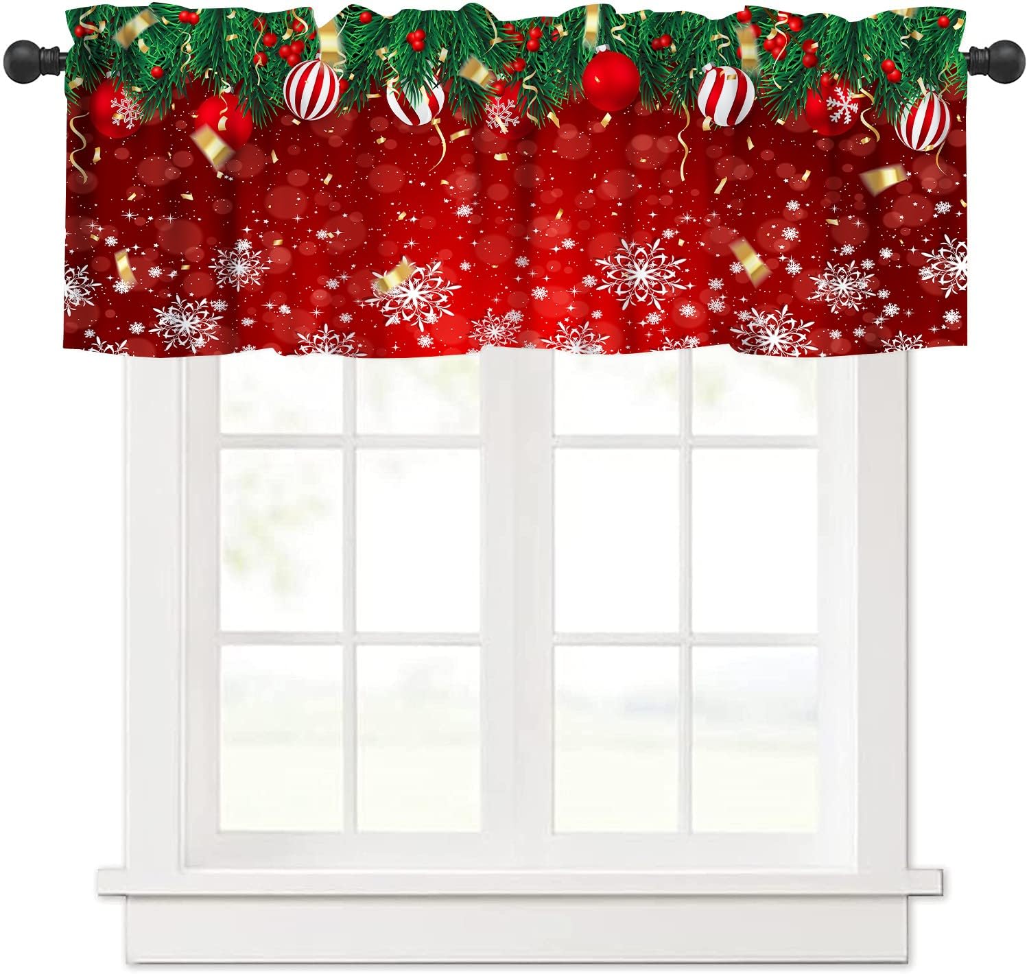 AAVEUP Christmas Valance Curtain for Kitchen, Red Snowflake Christmas Tree Plant Bell Gift Valances Curtains Window Treatment Drapes for Bedroom