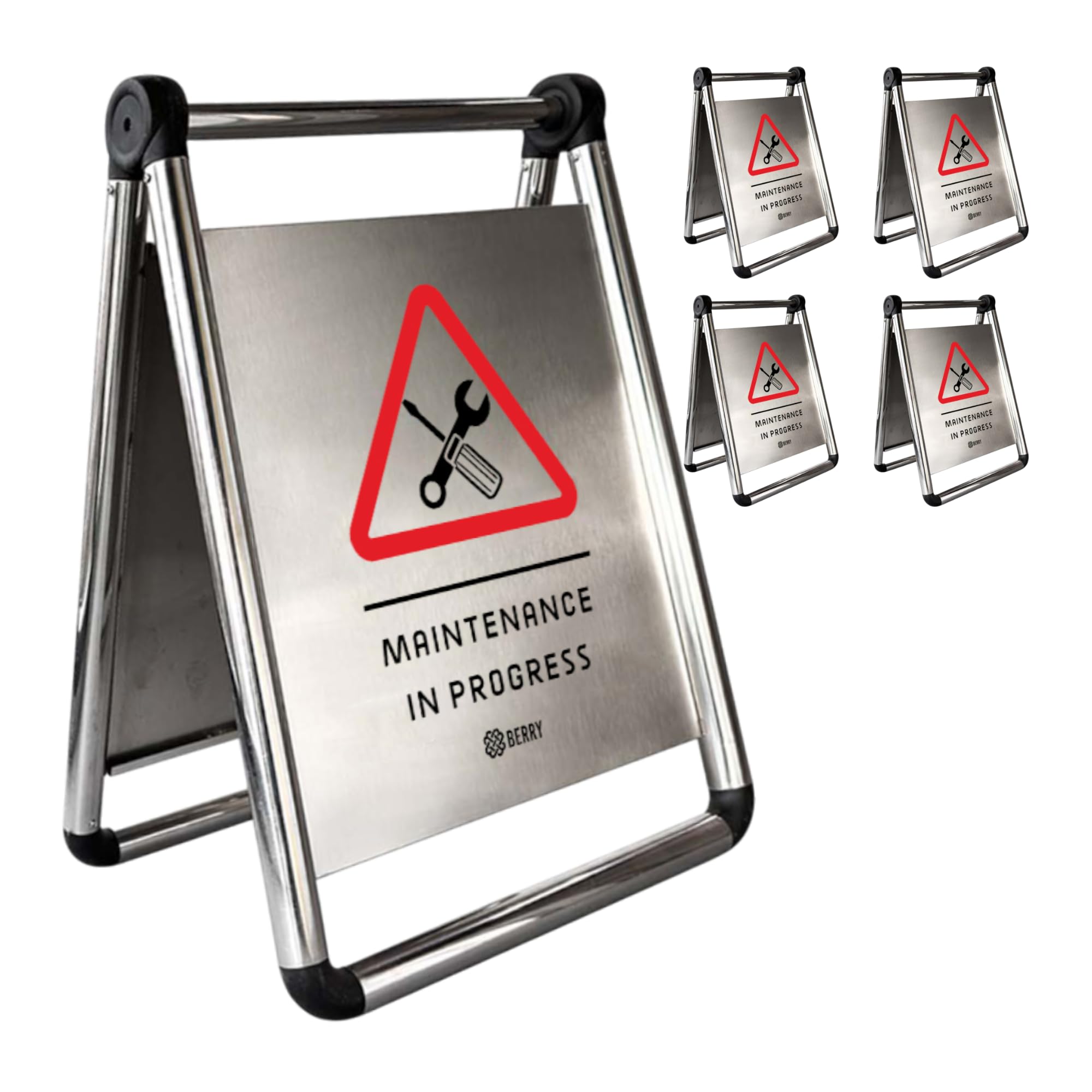 Berry Foldable Maintenance in Progress Floor Sign | Stainless Steel A-Frame Safety Warning Sign | Durable Indoor Outdoor Standing Caution Sign for Offices, Hotels, Mall & Public Areas - Set of 5