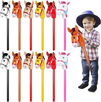 OBANGONG 12 Pcs Inflatable Stick Horse Large Horse Head Stick Balloon Blow Up Pony Toys Colorful Riding Horse Stick for Birthday Cowboy Party Supplies Black Pink Red