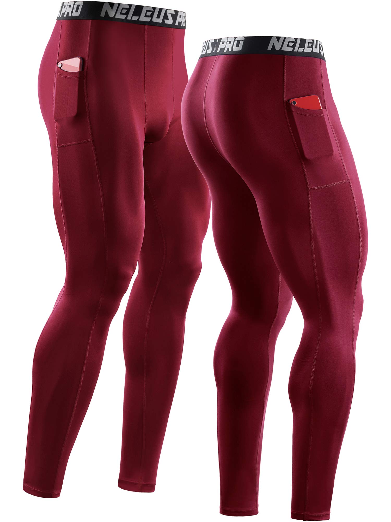 NELEUS Men's Dry Fit Compression Baselayer Pants Running Tights Leggings with Phone Pocket