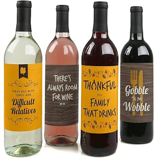 Gobble 'Til You Wobble - Thanksgiving Party Funny Decorations for Women and Men - Wine Bottle Label Stickers - Set of 4
