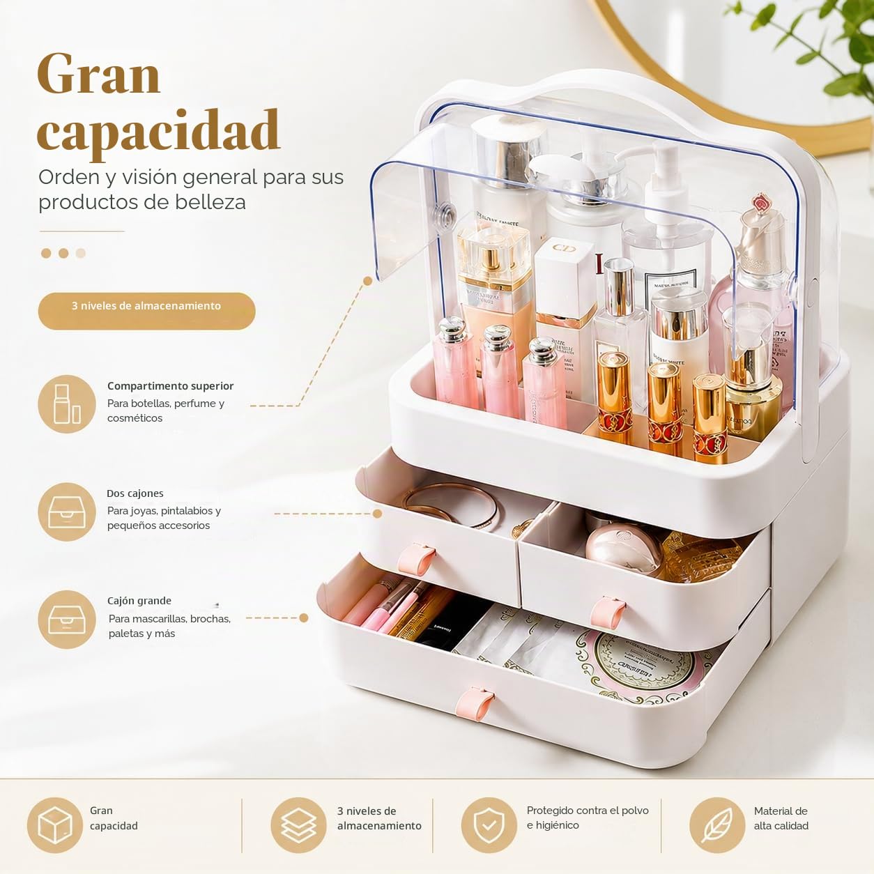 RMAN® Organizador de Maquillaje con Cajones y Tapa Transparente, Rosa | Giratoria 180º, Portátil con Asa de Transporte, Para Cosméticos y Perfumes, Para Tocador, Baño, Dormitorio