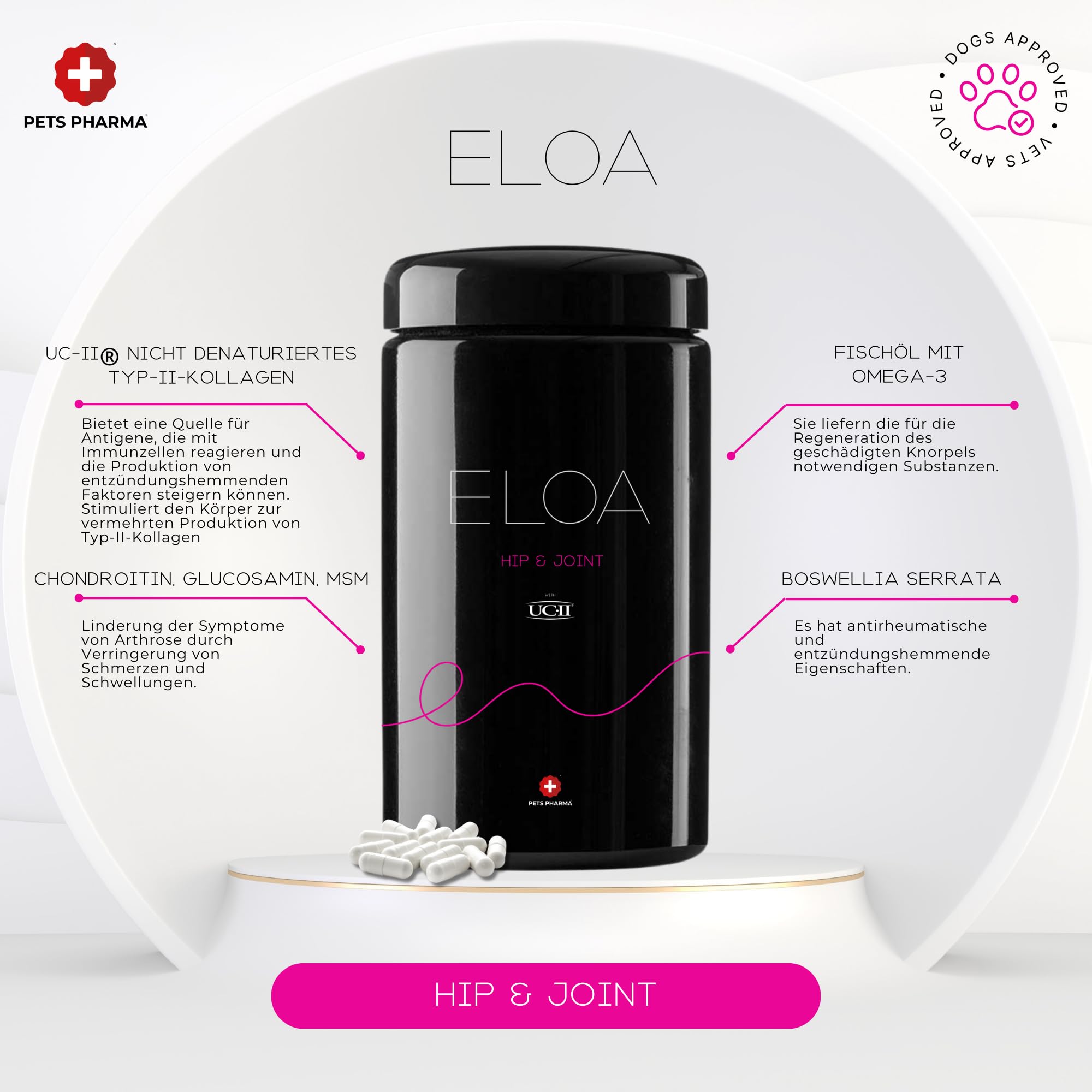 ELOA Hip & Joint, Nahrungsergänzungsmittel für Hunde mit UC-II Undenaturiertes Kollagen Typ II und Omega-3 Fettsäuren