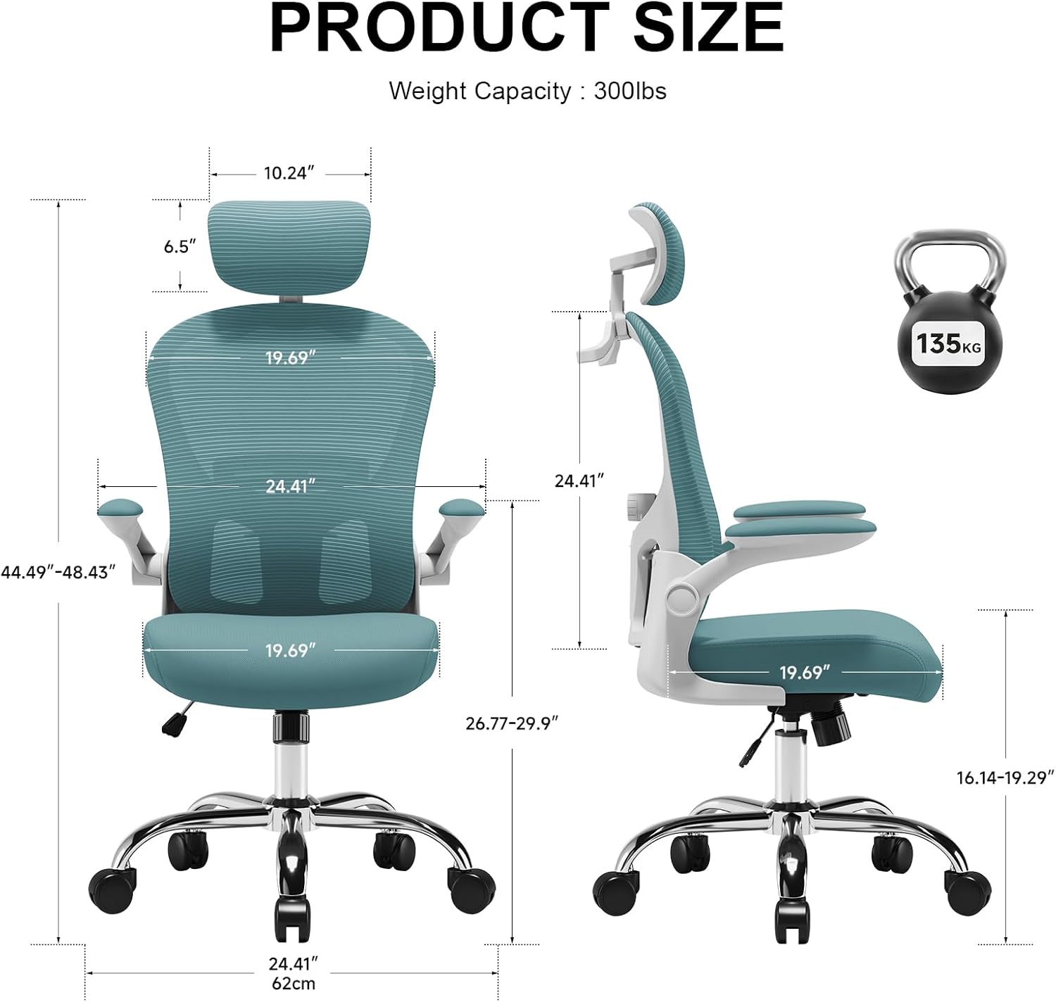 Gaming Chair - Adjustable Lumbar Support and Headrest Computer Chair, High Back Mesh Desk Chair for Office and Home, 90-120° Reclining Ergonomic Office Chair with Flip-Up Arms (Blue) - Image 2