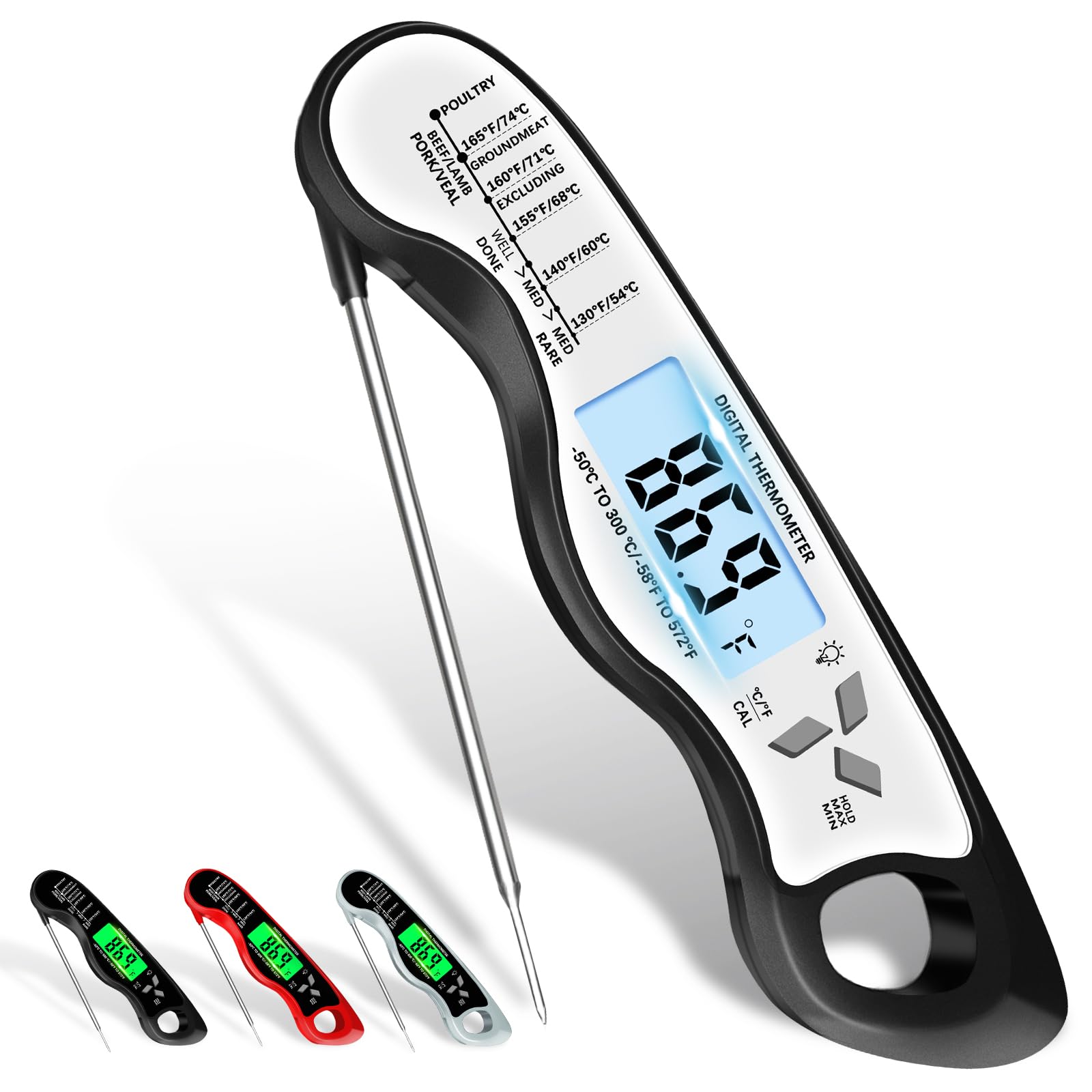 Meat Thermometer Digital，IP67 Waterproof Cooking Thermometer with Backlight, Calibration & Hold Function，Food Thermometer for Cooking,Outdoor Grilling，Suitable as Stocking Stuffers for Men (White-2)