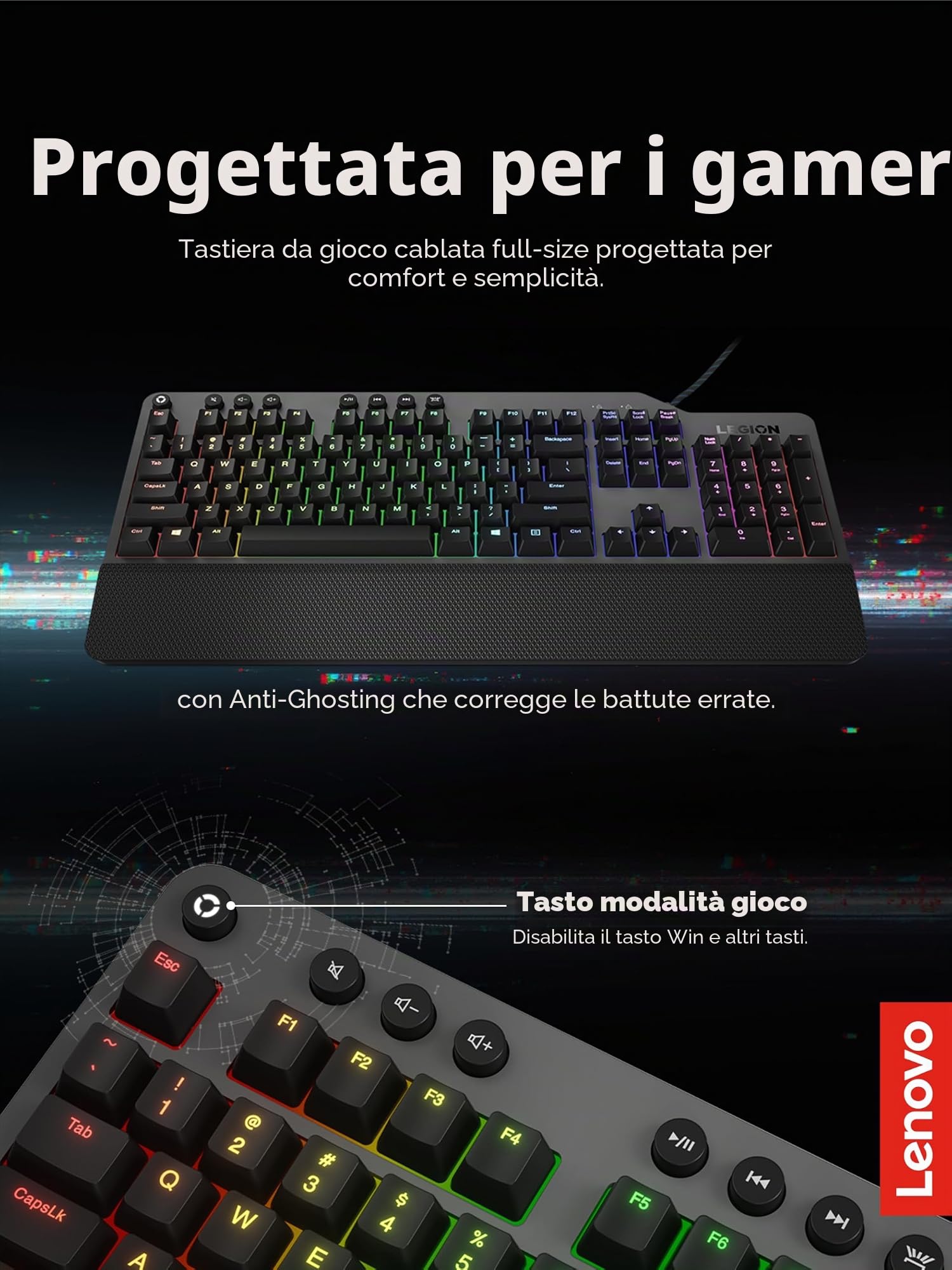 Lenovo GY40T26478 Legion K500 RGB Mechanical Gaming Keyboard, 3 Zone Full-Size Keyboard, 7 User Programmable Hot Keys; 16.8 Million Colors, 50 Million-Click Red Mechanical Keys, Detachable Palm Rest
