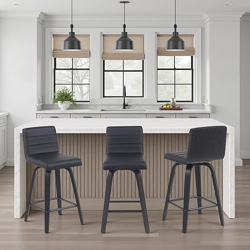 Vista 4 de Armen Living Vienna - Taburete giratorio moderno de 26" de altura de mostrador con cuero sintético negro y acabado de madera negra Piel sintética