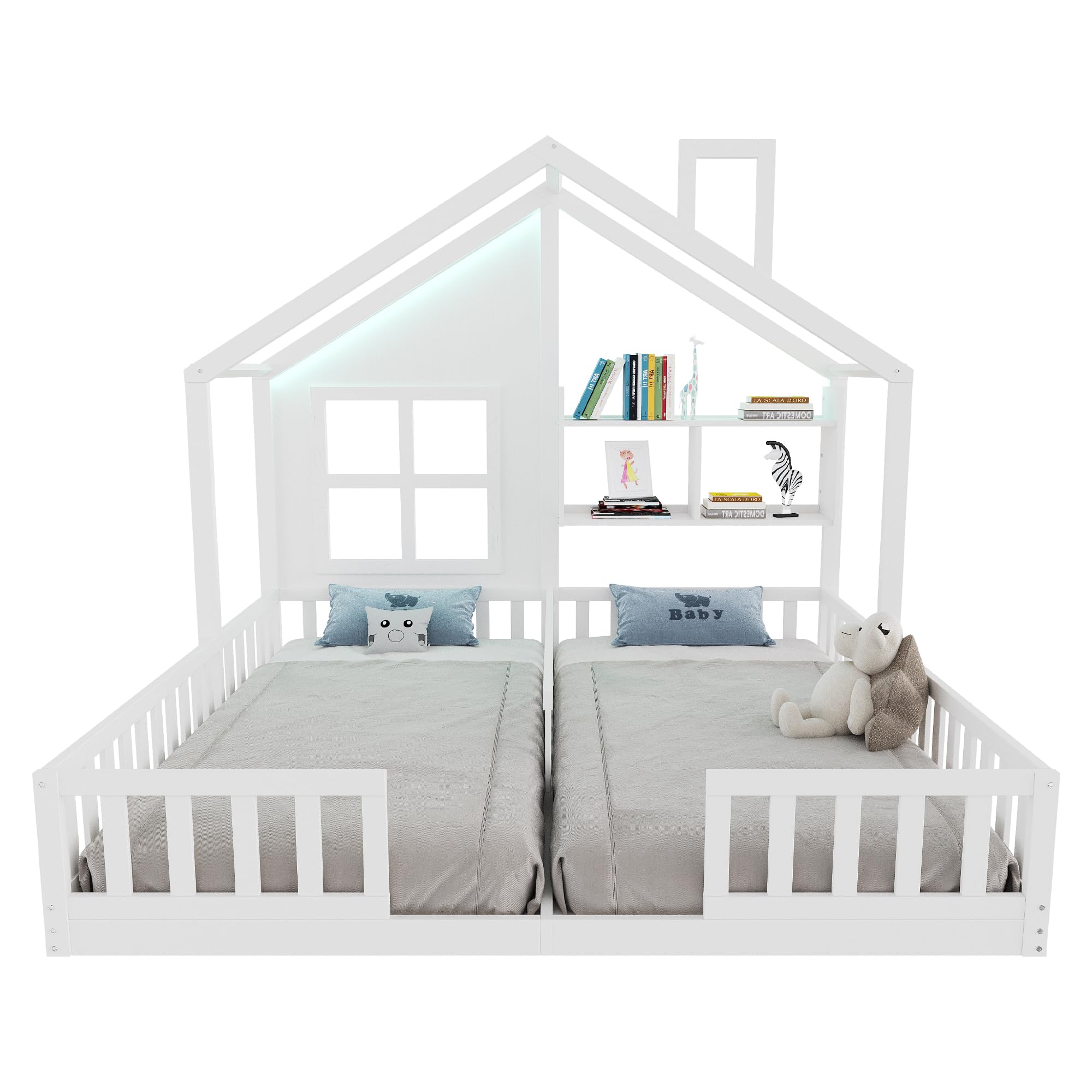 Kinder-Doppelbett 2 x 90 x 200 cm, in Hausform mit Fenster und Schornstein, mit Mittelsteg, Regal und Rundum-Rausfallschutz, inklusive 2 Lattenrosten, Bettgestell aus Holz, Weiß