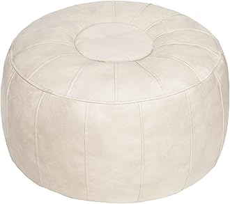 Thgonwid Unstuffed Moroccan Storage Pouf Foot Stool Ottoman Seat Handmade Faux Leather Bean Bag Floor Chair Foot Rest for Living Room, Bedroom or Balcony (Ivory White)
