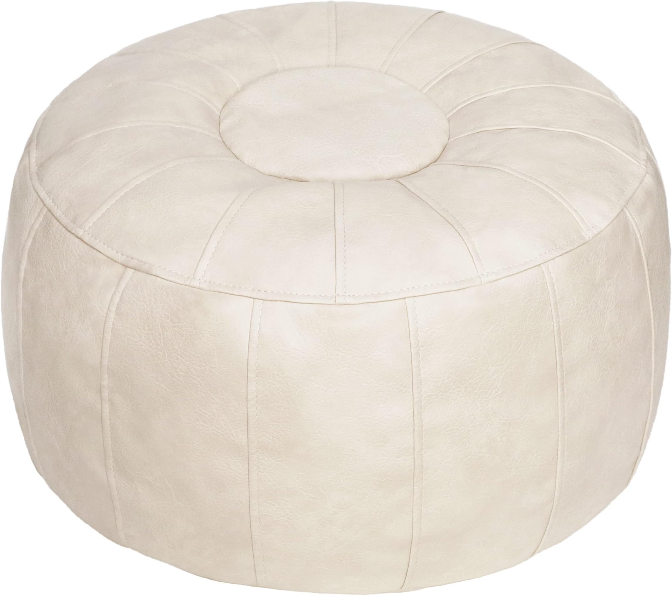 Thgonwid Unstuffed Moroccan Pouf Ottoman Cover - Handmade Round Faux Leather Foot Stool with Large Storage, Bean Bag Floor Chair & Foot Rest for Living Room, Bedroom, Balcony (Ivory White)