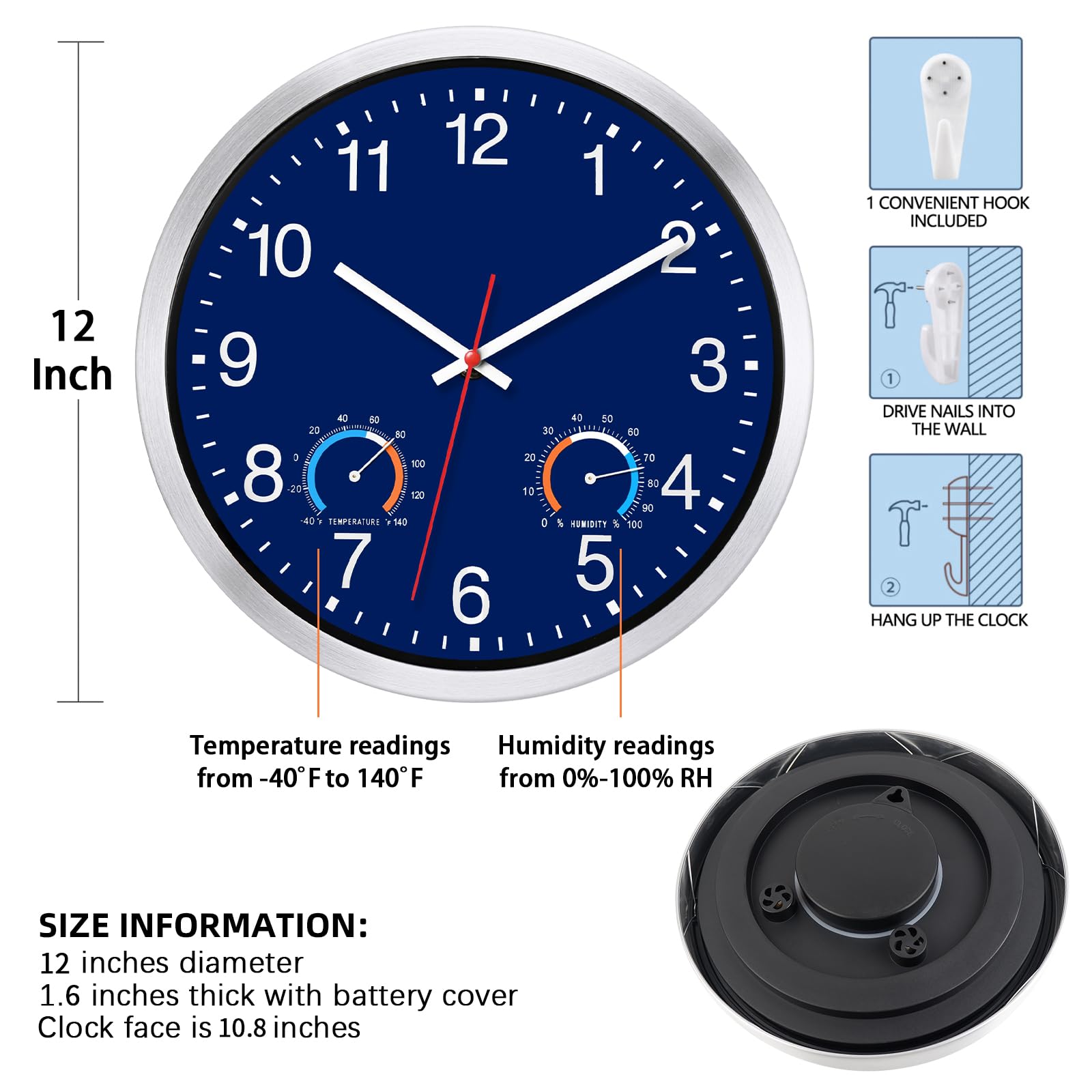 Caysie Horloges murales étanches en métal à quartz pour intérieur et extérieur - 30,5 cm - Avec thermomètre et hygromètre - Fonctionnement à piles - Pour terrasse, piscine, salle de bain, maison (bleu