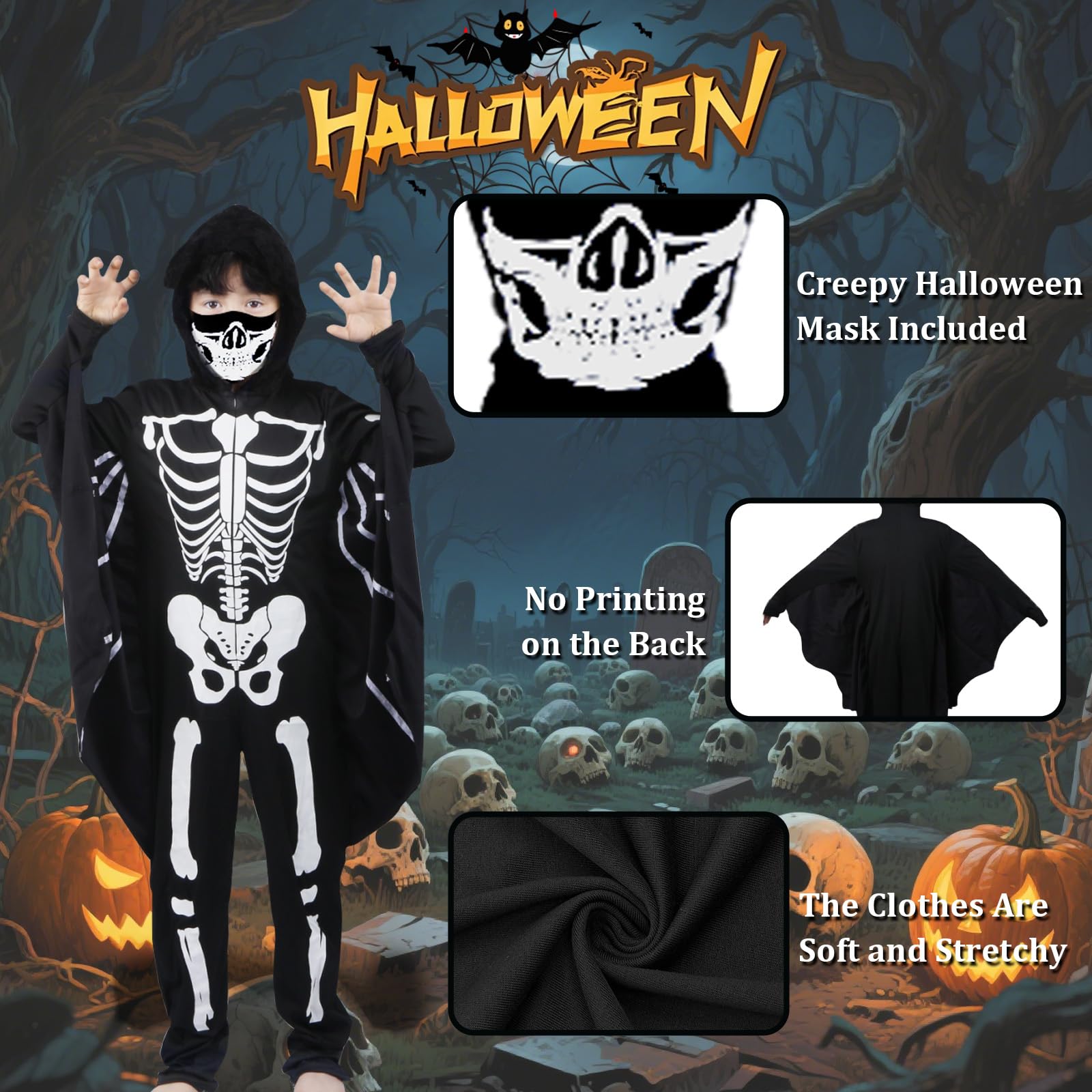 Joxessaien Children's Bat Skeleton Costume, Halloween Costume with Hood & Wings, Glow in the Dark - Image 3