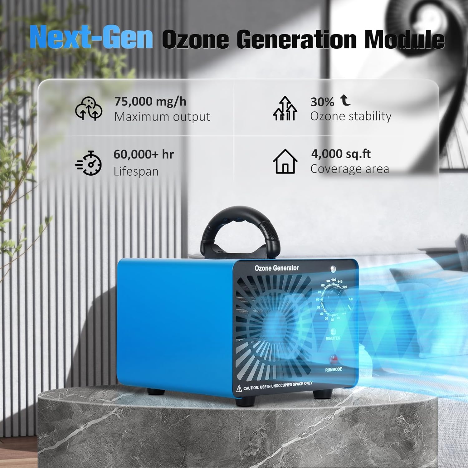 Next-Gen Ozone Generator, 75,000mg/h High Capacity Ozone Machine Odor Removal Up to 4000 Sq.Ft, Commercial Home Ionizer Air Purifier for Car, Home, Basement, Farm, Smoke