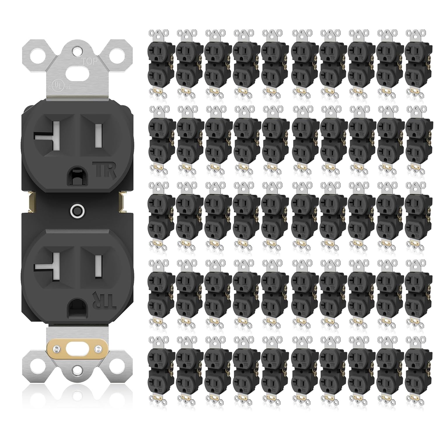 TOPELER 20Amp Duplex Receptacle Outlets, Standard Electrical Power Socket for Commercial and Residential, Tamper Resistant Outlets, 2 Pole 3-Wire, Self-Grounding, UL Listed, Black, 50 Pack