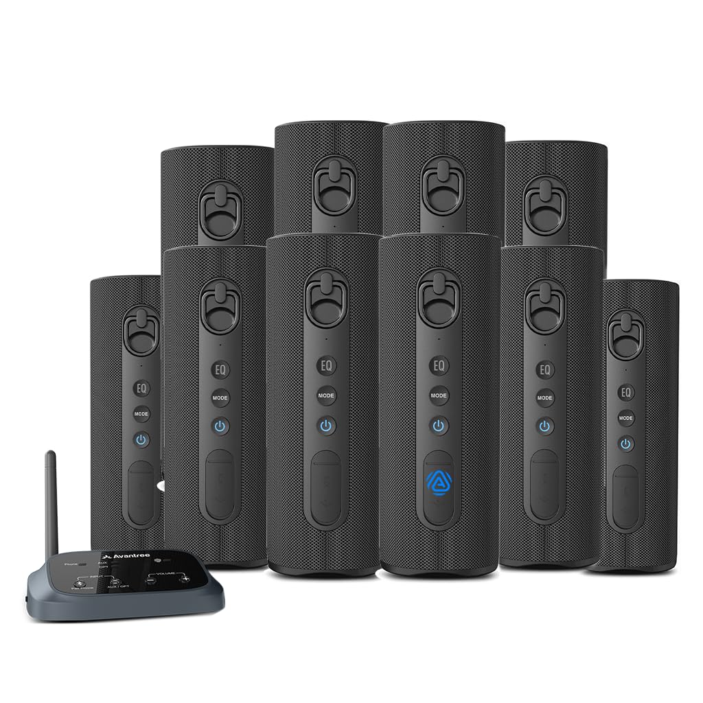 Avantree Harmony A1 – Sistema di altoparlanti wireless multi-room Auracast per musica, feste e riunioni in casa, 1 trasmettitore con 10 altoparlanti Bluetooth Auracast