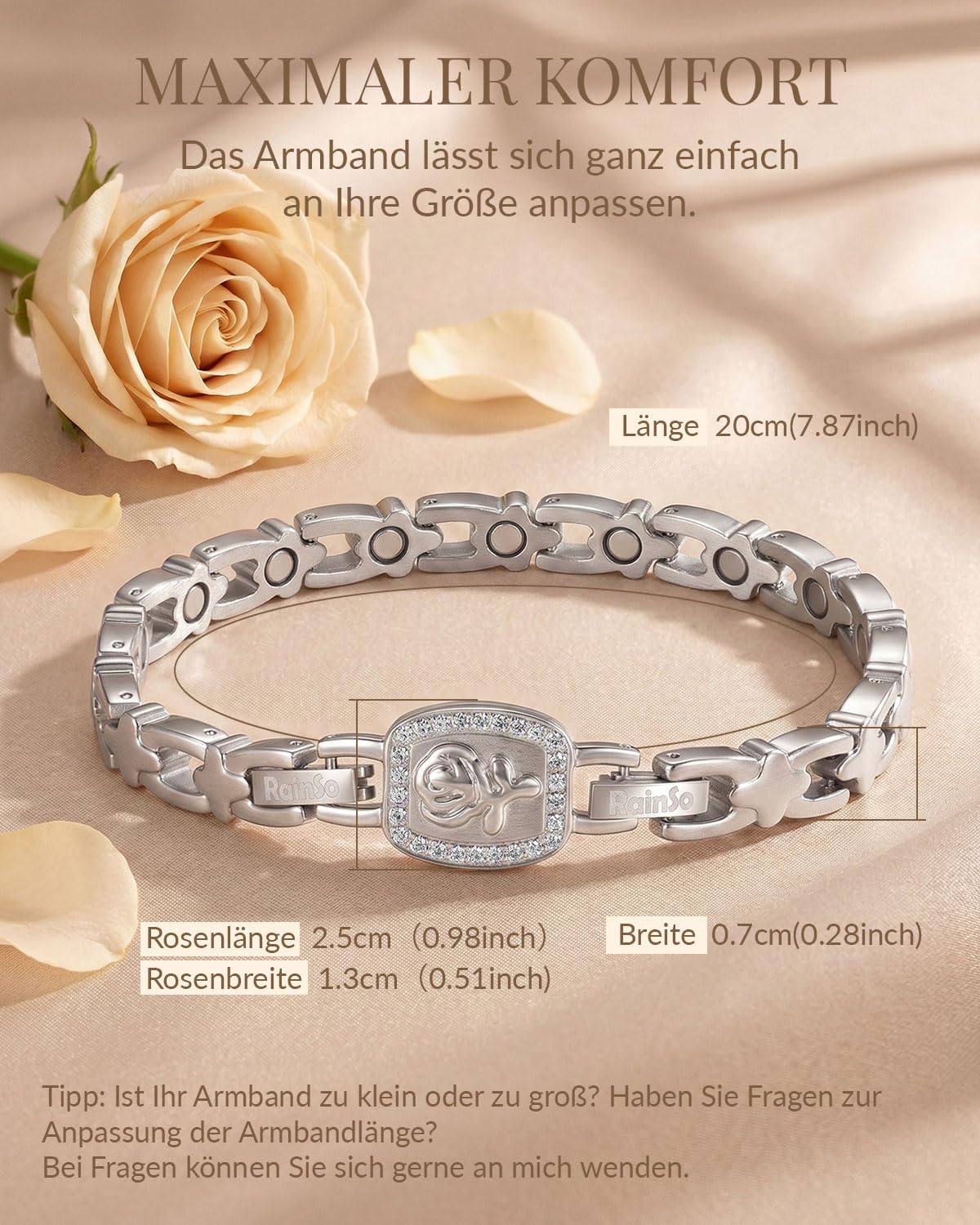 RainSo Bracelet magnétique pour femme - Rose amovible - Bracelet 2 en 1 en acier inoxydable avec double possibilité de port - Taille réglable - Avec outil de réglage et boîte cadeau (argent)